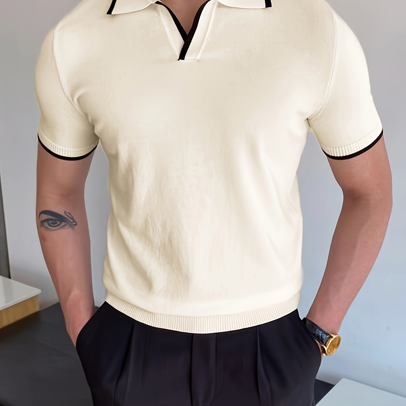 

Men's Short Sleeve V-neck Lapel Collar Henley Shirt With Contrast Color Stripe Pattern Pieces, Casual And Trendy Tops For Summer Leisurewear And Golf Wear