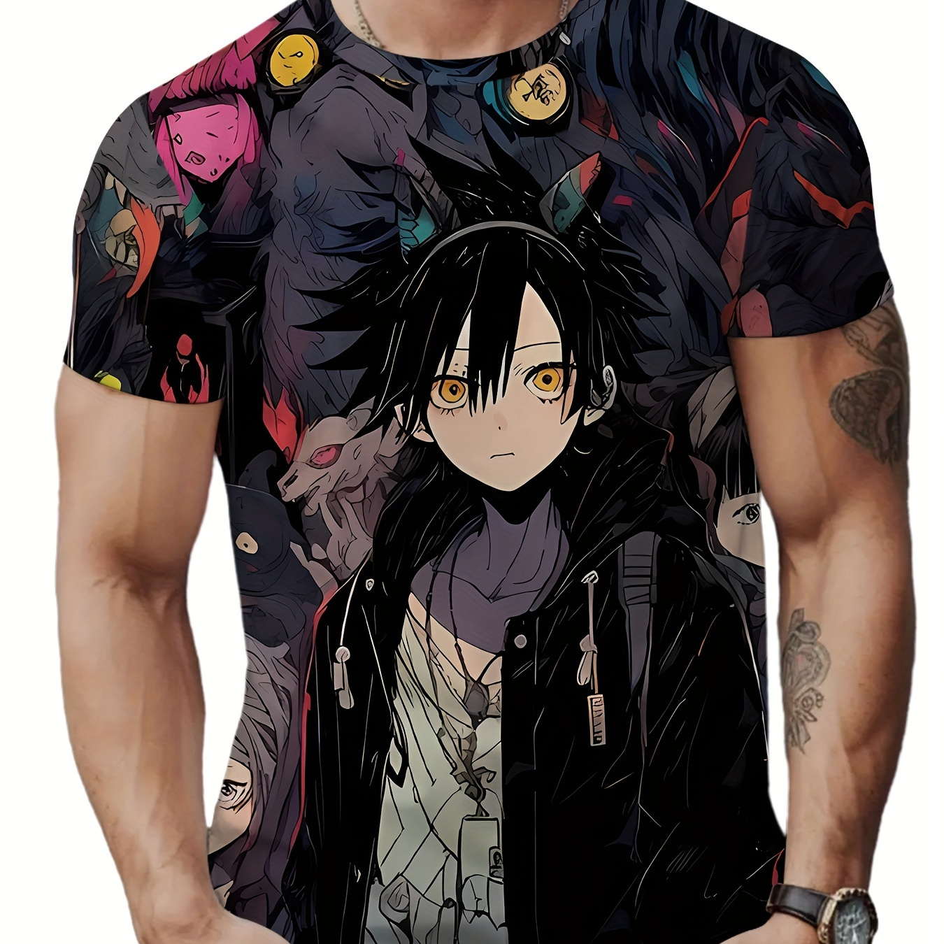

Anime Print Men's Crew Neck Fashionable Short Sleeve Sports T-shirt, Comfortable And Versatile, For Summer And Spring, Athletic Style, Comfort Fit T-shirt, As Gifts