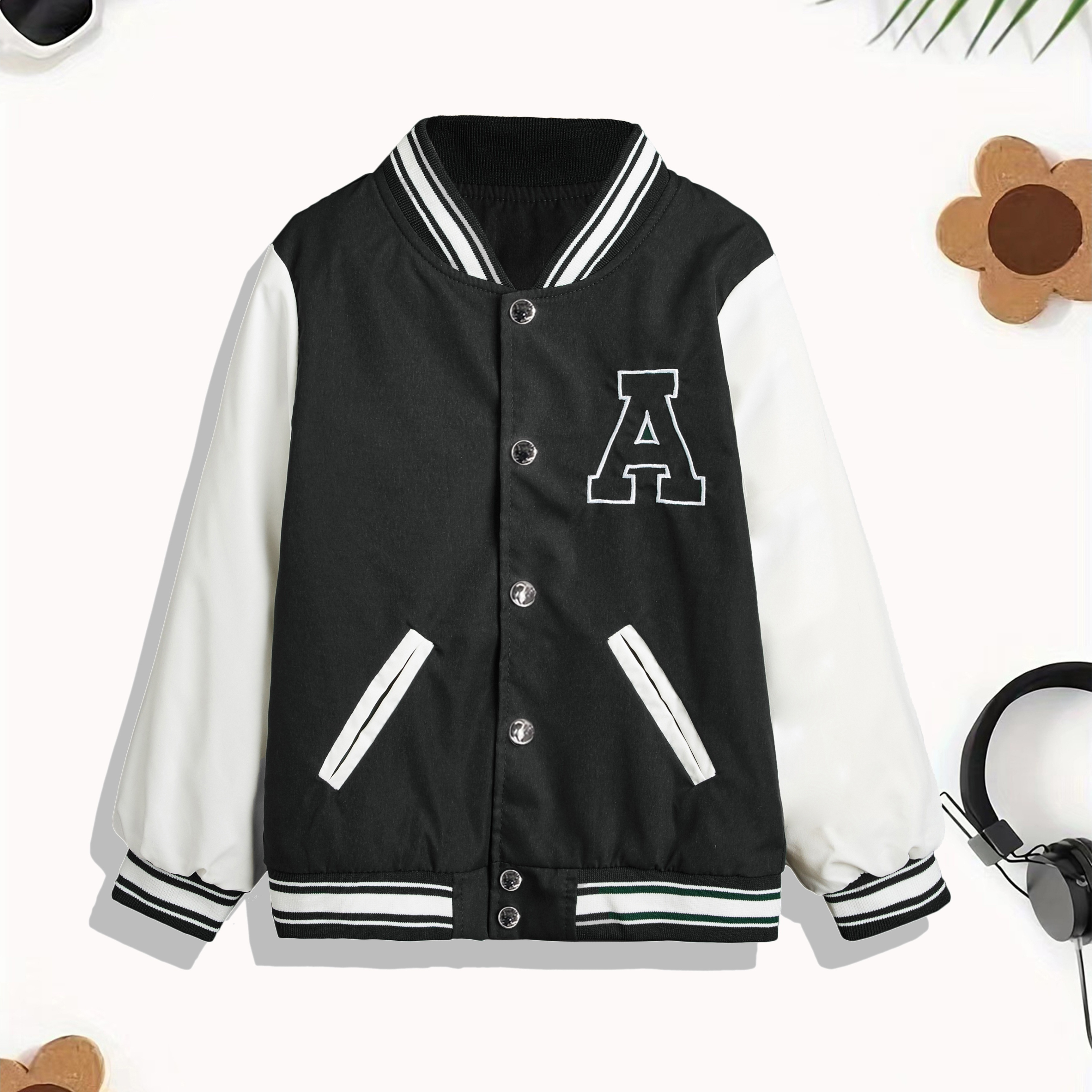 

Unisex Kid's Colorblock Varsity Jacket With Zip Pockets For Boys And Girls Casual Baseball Uniform Autumn And Winter Clothes