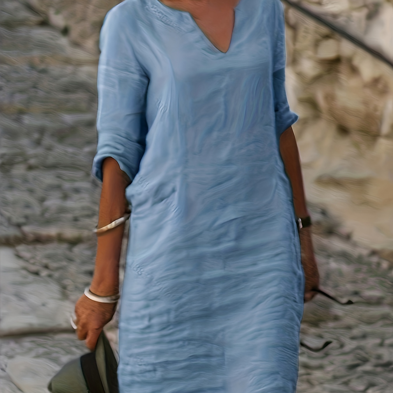 

Solid Color Notched Neck Dress, Elegant Short Sleeve Linen Shift Dress For Spring & Summer, Women's Clothing