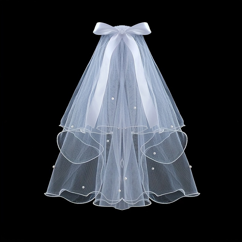 

1pc Bridal 2 Tiers Faux Pearl Ribbon Bow Veil With Comb Wedding Headdress Curly Edge Head Jewelry