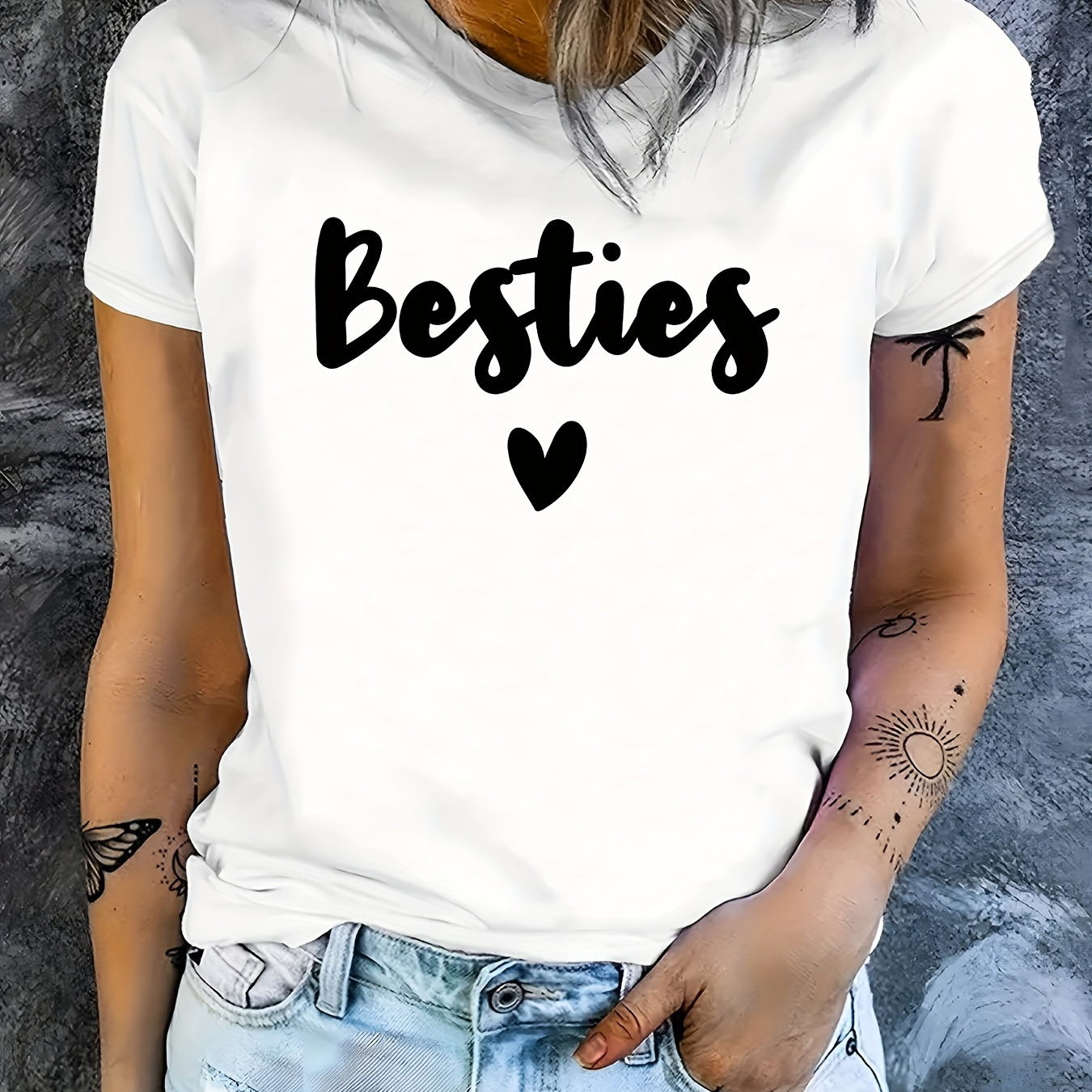 

Besties Letter & Heart Print T-shirt, Short Sleeve Crew Neck Casual Top For Summer & Spring, Women's Clothing
