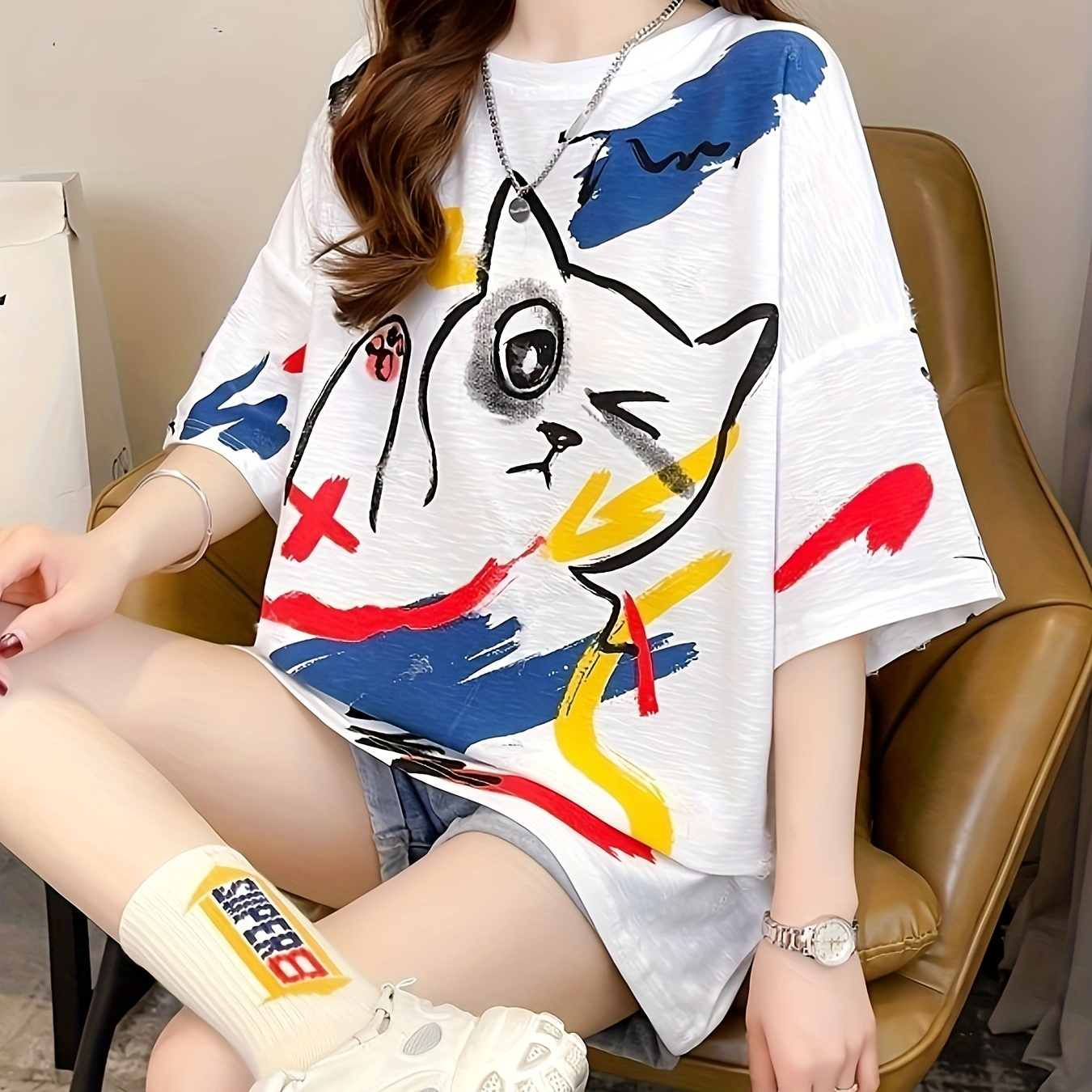 

Size Cartoon Print T-shirt For Women - Casual Loose Fit, Short Sleeve, Round Neck Top - Spring/summer
