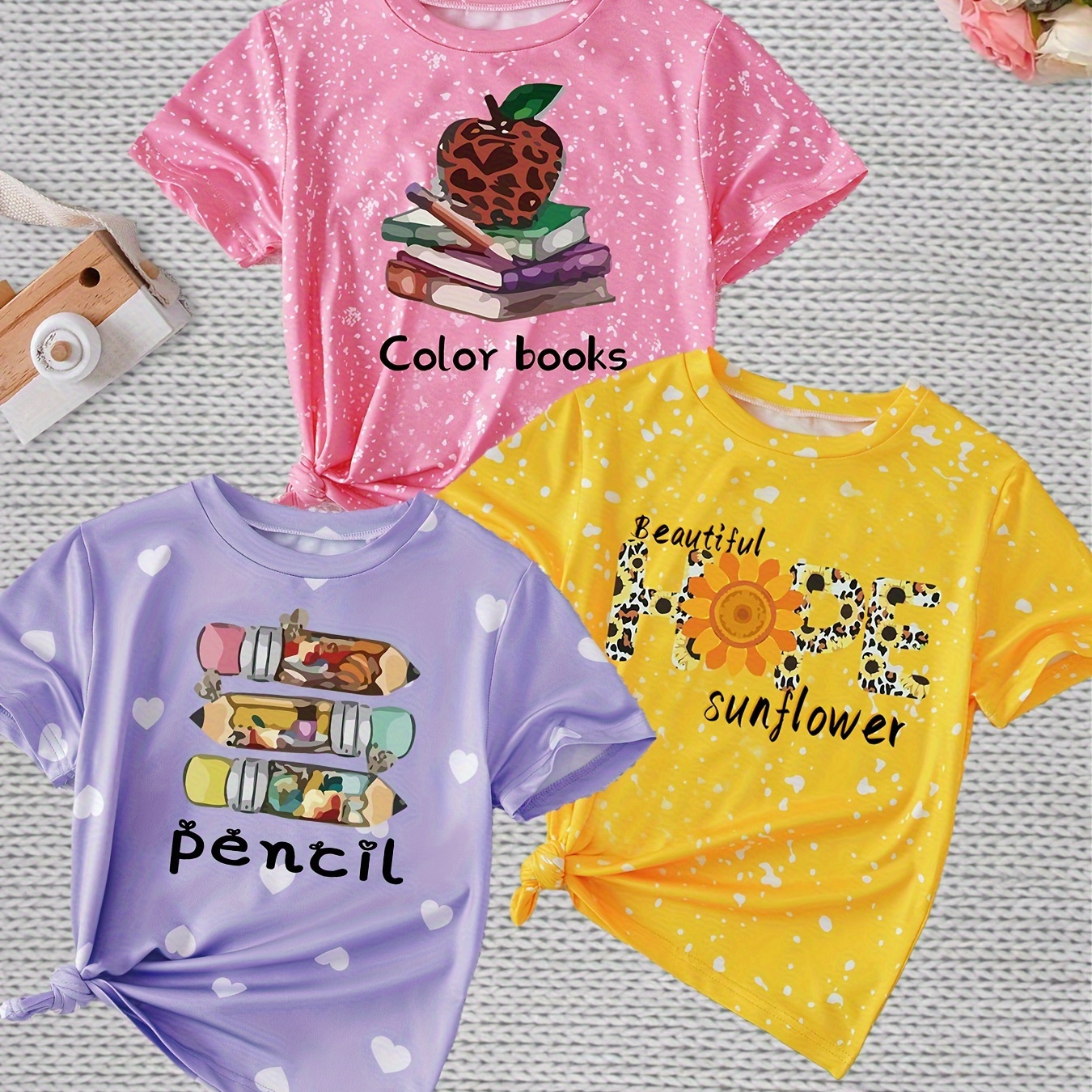 

3pcs Girls Heart Graphic Pencil & Flower & Books Print Short Sleeve T-shirt Set For Summer Gift