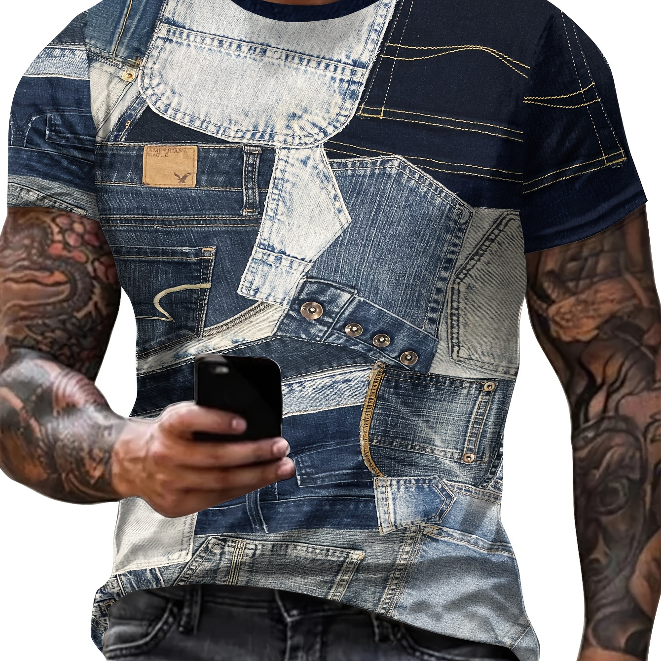 

3d Patchwork Graphic Print Men's Fashion Short Sleeve Crew Neck T-shirt, Summer Outdoor