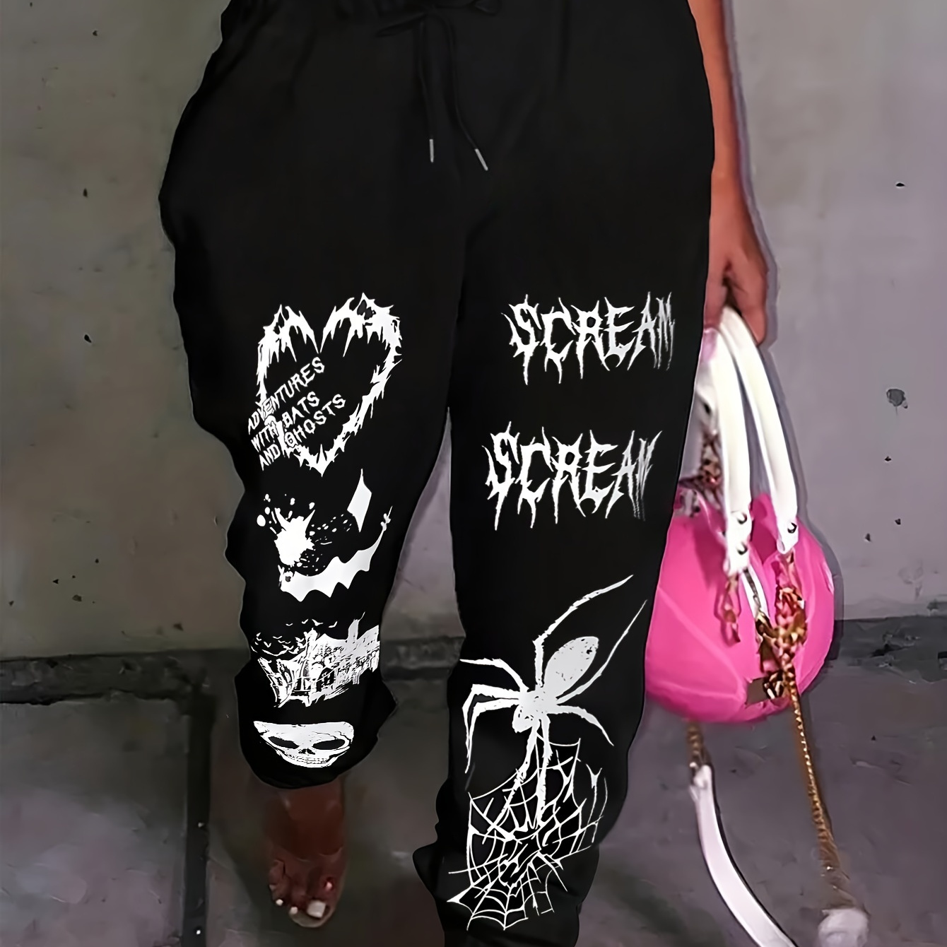 

Skull Print Fitted Bottom Jogger Pants, Casual Drawstring Pants For Spring & Fall, Women's Clothing