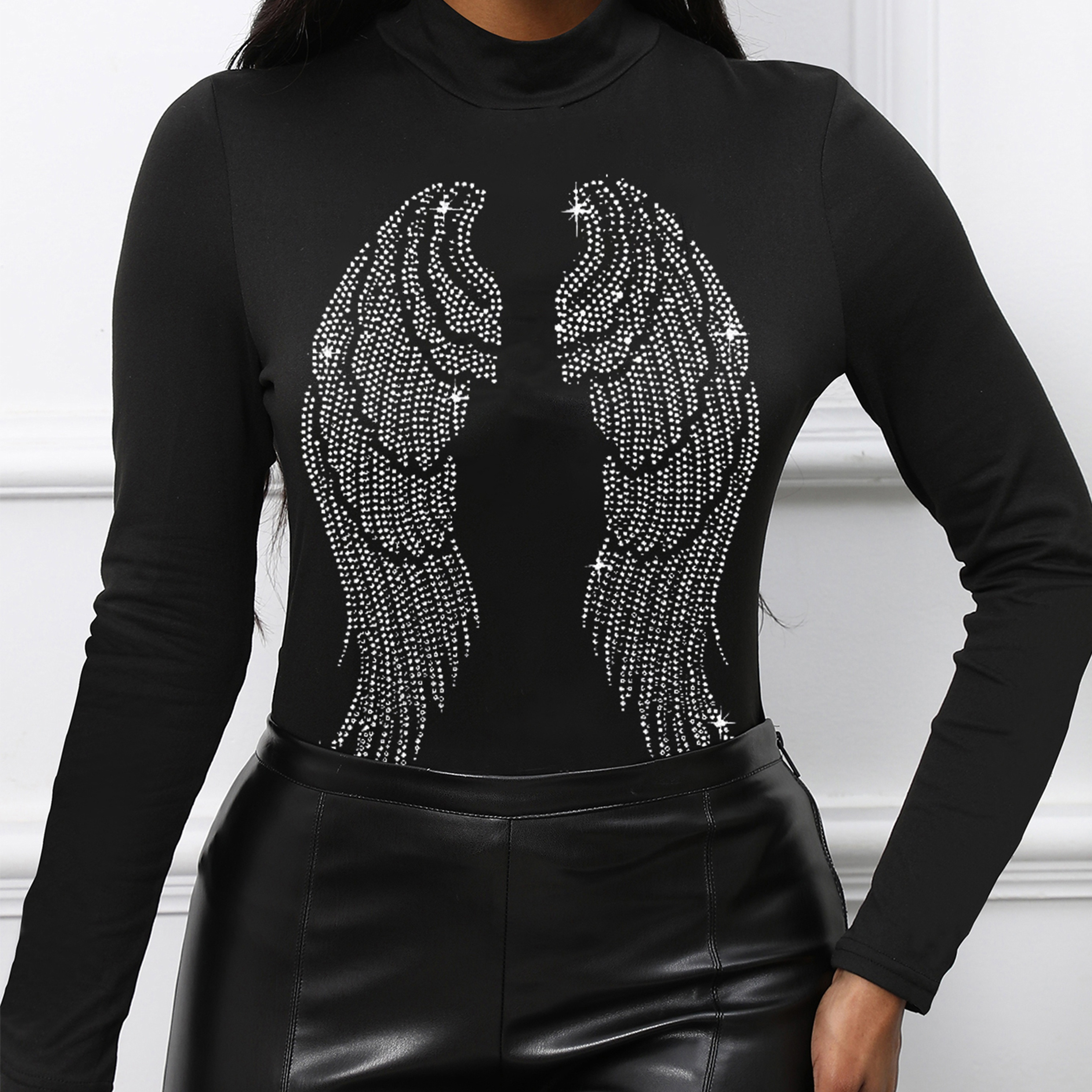 

Wing Pattern Rhinestone Mock Neck T-shirt, Casual Long Sleeve Top For Spring & Fall, Women's Clothing