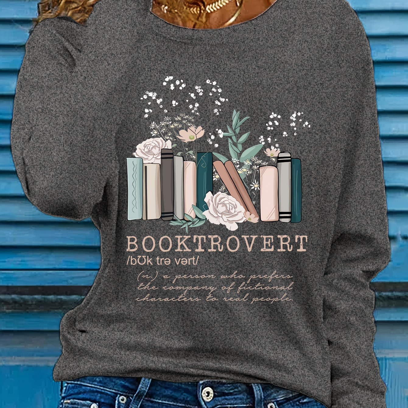 

Women's Polyester Long Sleeve Casual Crew Neck T-shirt With Graphic Applique And Slight Stretch Knit Fabric For Fall - "booktrovert" Pullover With Floral And Book Drawing Pattern