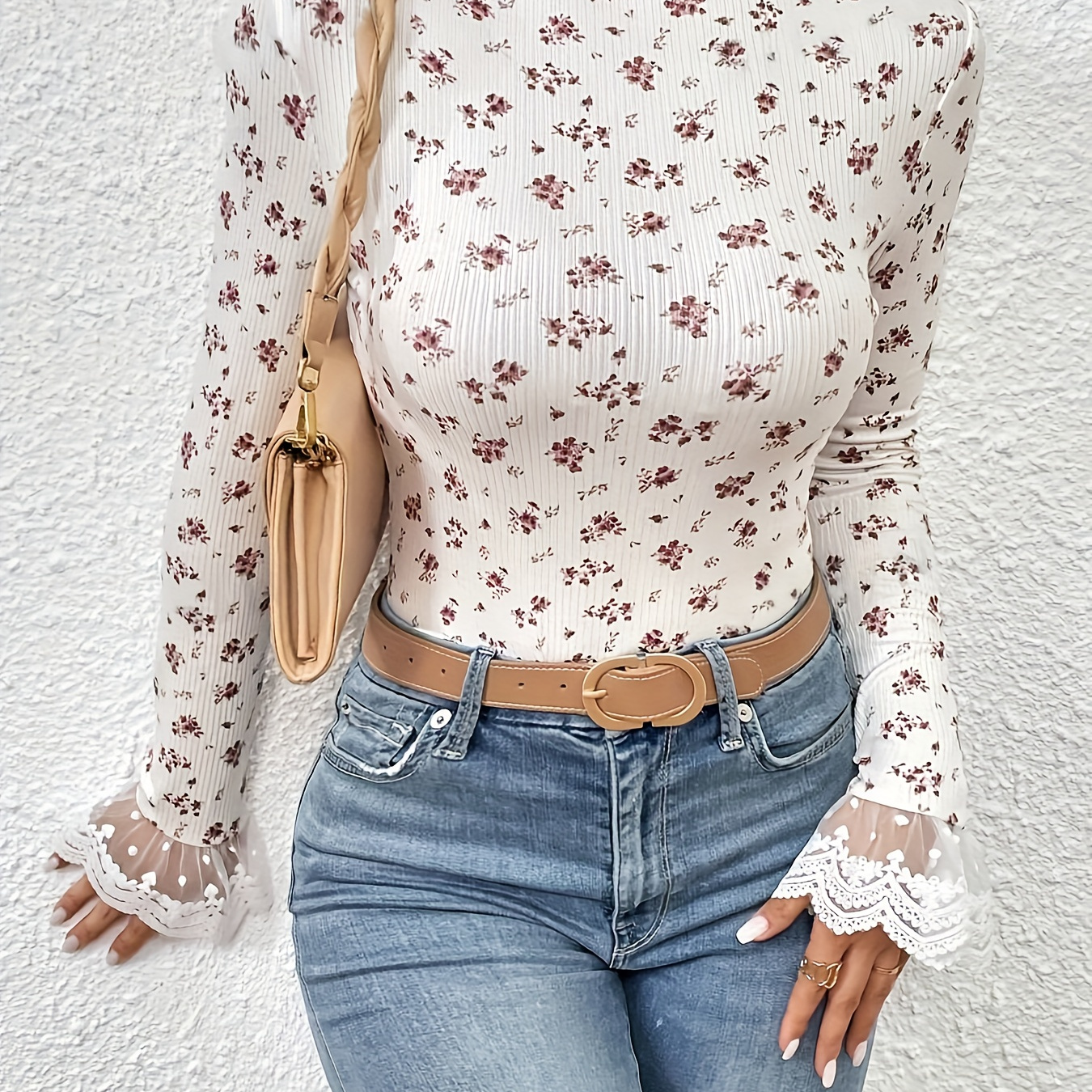 

Floral Print Lace Splicing T-shirt, Elegant Mock Neck Long Sleeve Slim T-shirt For Spring & Fall, Women's Clothing