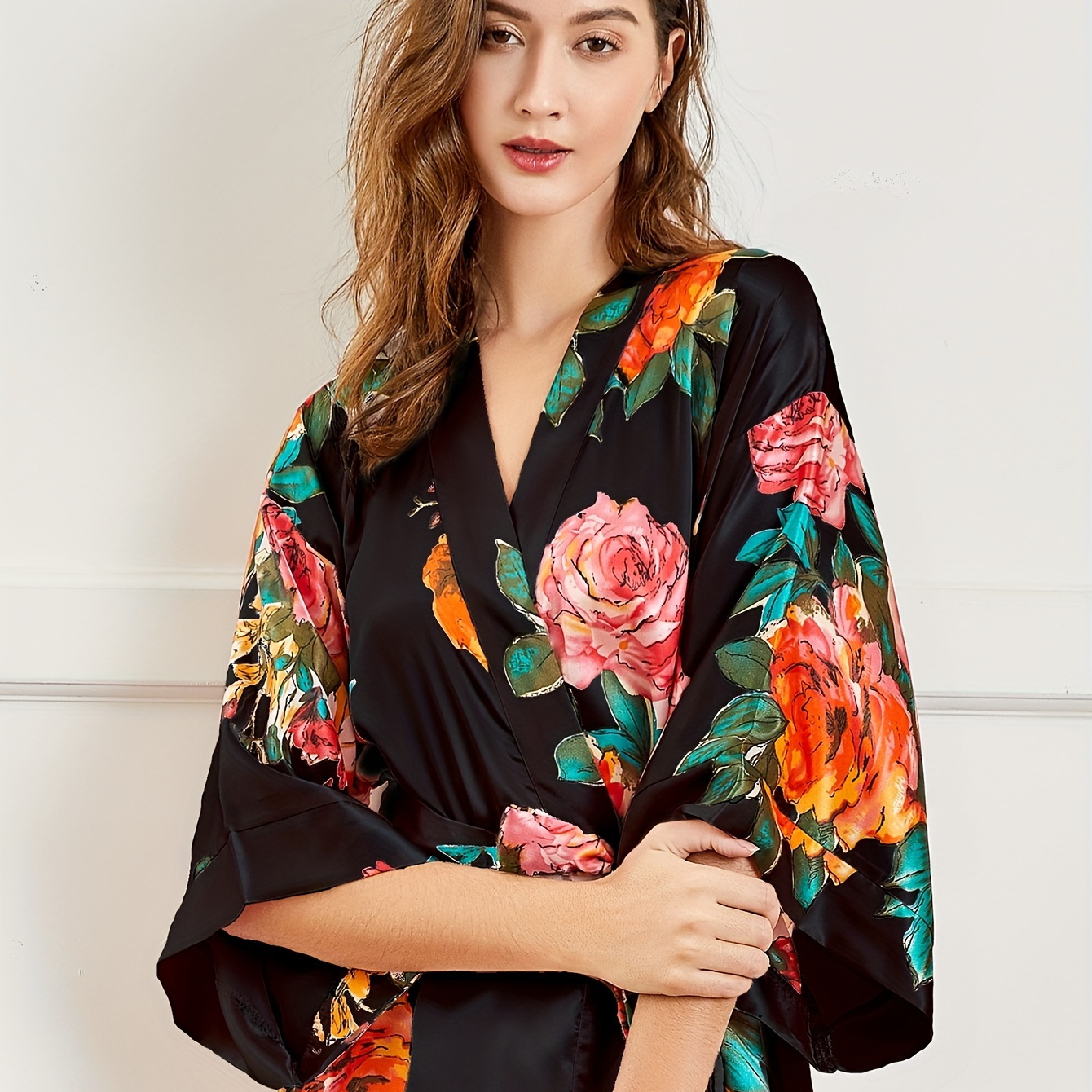 

Kimono Robe Long Satin Floral Bridesmaid Wedding Bachelorette Party Robe