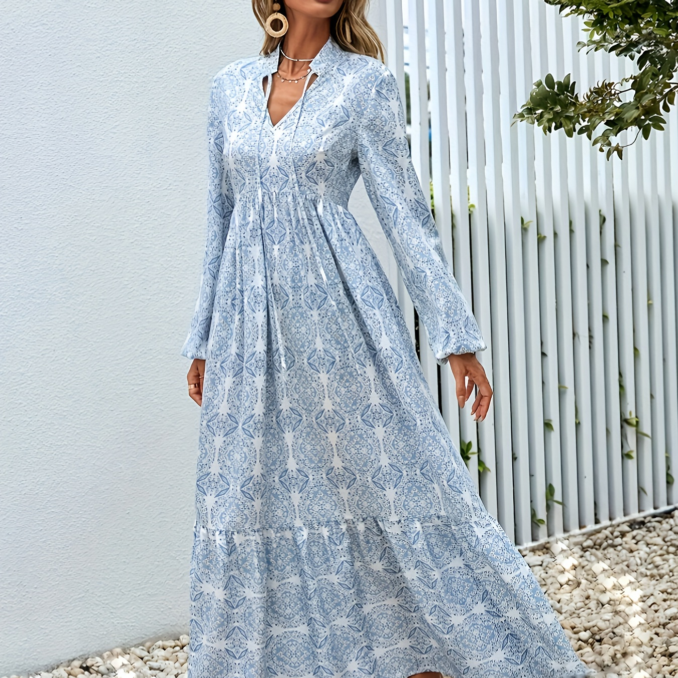 

Mandala Print V-neck Dress, Vacation Style Long Sleeve Cinched Waist A-line Maxi Dress For Spring & Fall, Women's Clothing