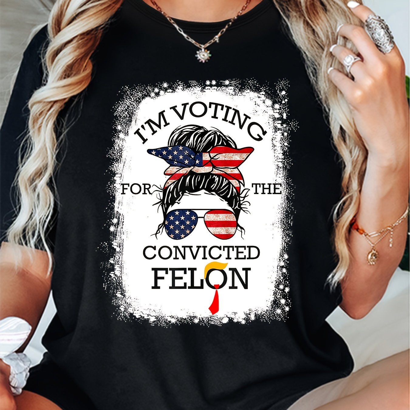 

Flag Scarf Sunglasses Girls Printed Round Neck T-shirt, Spring & Summer Short Sleeve T-shirt, Sports Casual Everyday Top, Women's Wear
