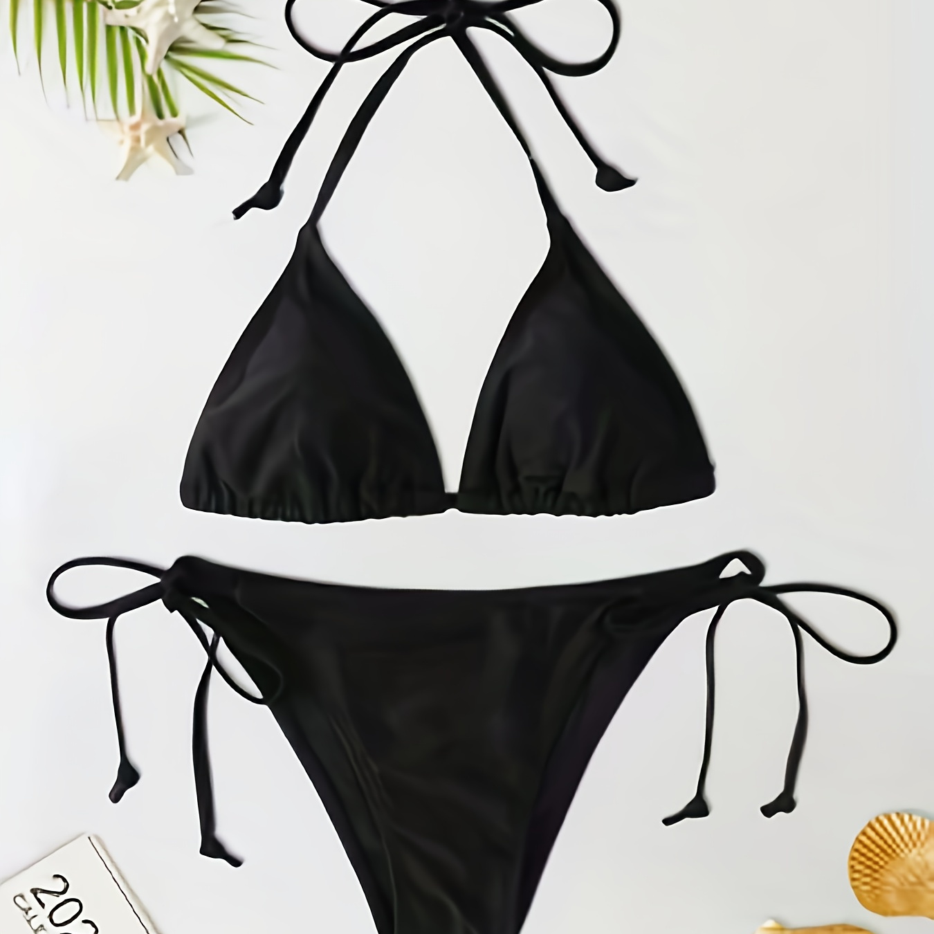 

Elegant Black Halter Bikini Set With Adjustable Ties - Sexy, Soft Nylon/spandex , High-elasticity Swimsuit For Casual Wear, Featuring V-neck Top & High-waisted Bottoms, High Waisted Bikini Set