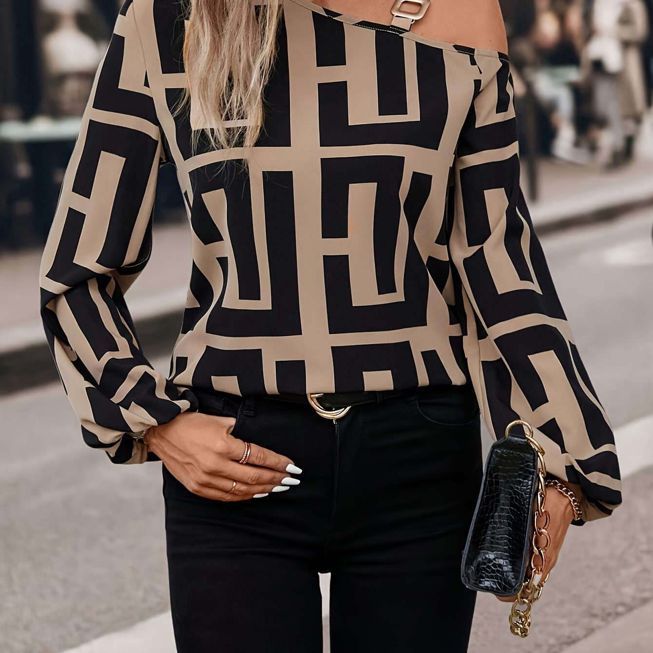 

Geometric Print Blouse, Elegant Cold Shoulder Long Sleeve Blouse For Spring & Summer, Women's Clothing