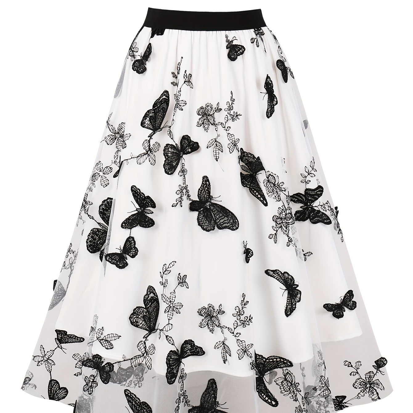 

Butterfly Embroidered Mesh Overlay Skirt, Elegant High Waist A-line Swing Skirt, Women's Clothing