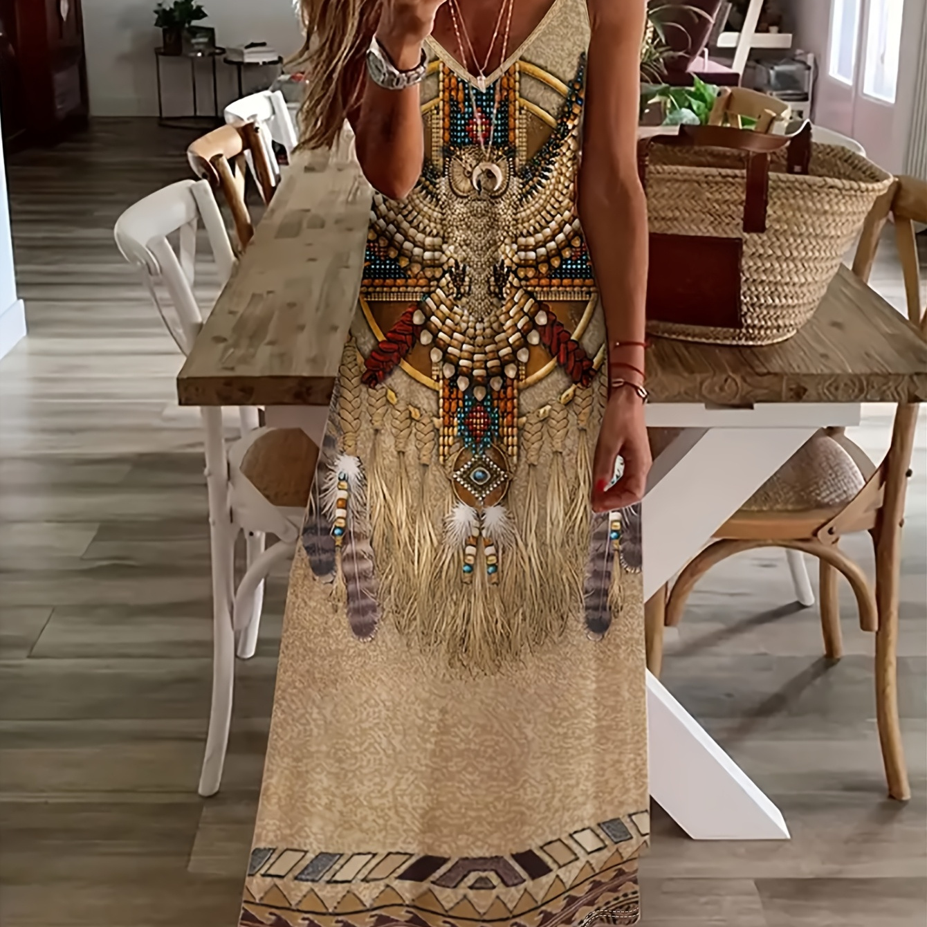 

Robe trapèze en polyester à imprimé tribal pour femmes - Robe maxi en à bretelles spaghetti pour les vacances, printemps/été/automne