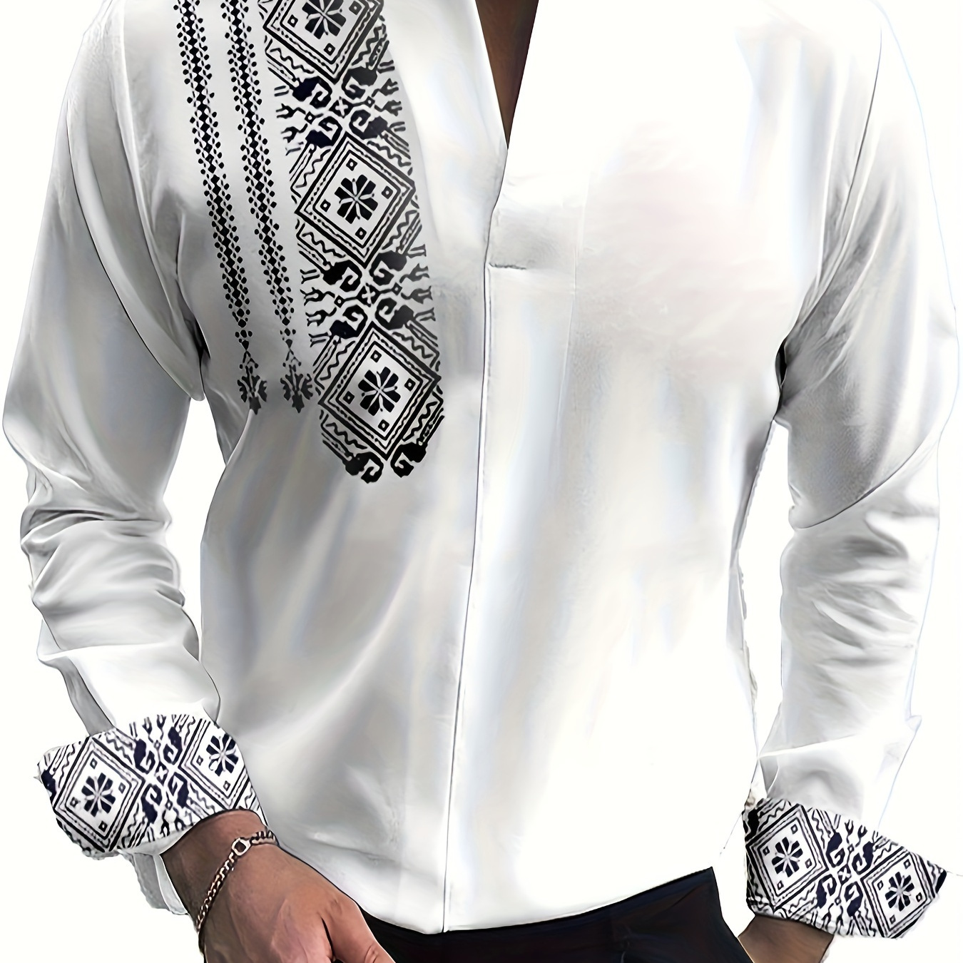 

Men's Ethnic Geometric Pattern Print Long Sleeve Casual Collarless Pullover Shirt For Casual Daily Wear, Spring/fall