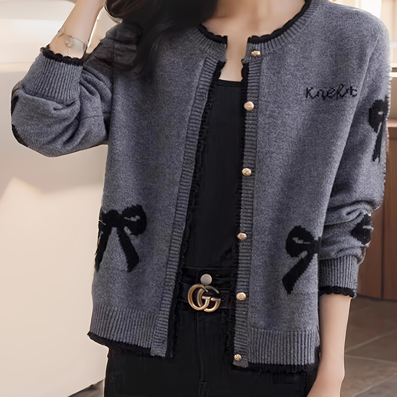 

Bow Pattern Button Front Cardigan, Stylish Scallop Trim Long Sleeve Crew Neck Color Block Cardigan, Women's Clothing