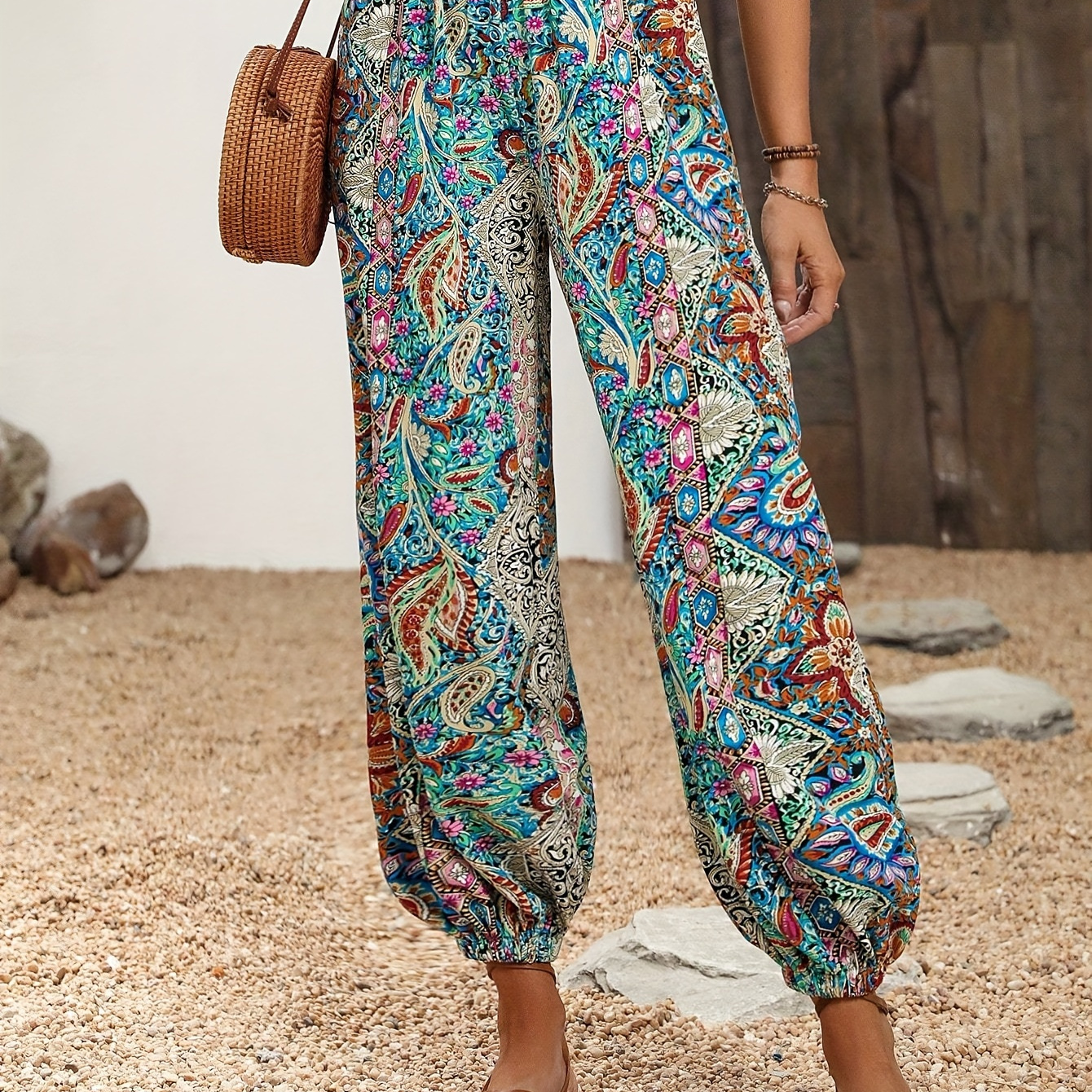 

Paisley Print Elastic Waist Lantern Pants, Vintage Loose Comfy Jogger Pants For Spring & Summer, Women's Clothing