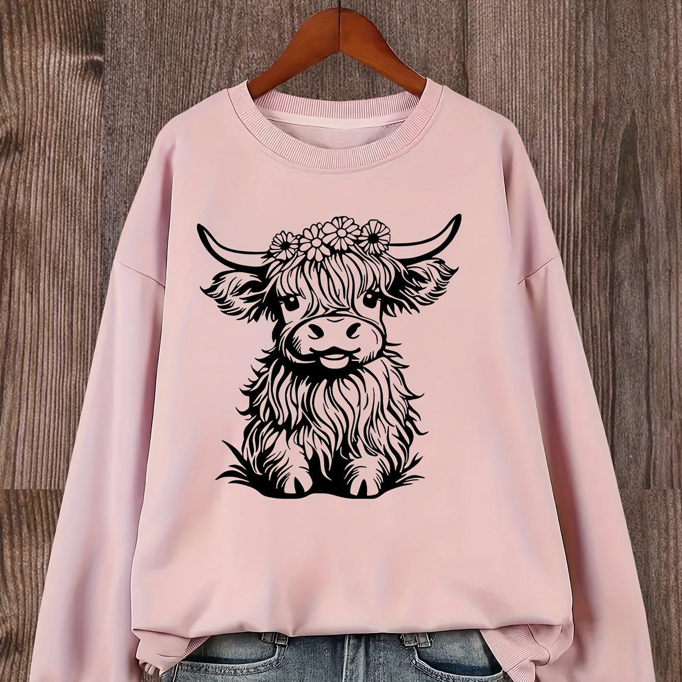 

Women's Cartoon Cow Print Long Sleeve Sweatshirt, Casual Round Neck Pullover, Polyester Fabric, Regular Length, Autumn Fashion Top
