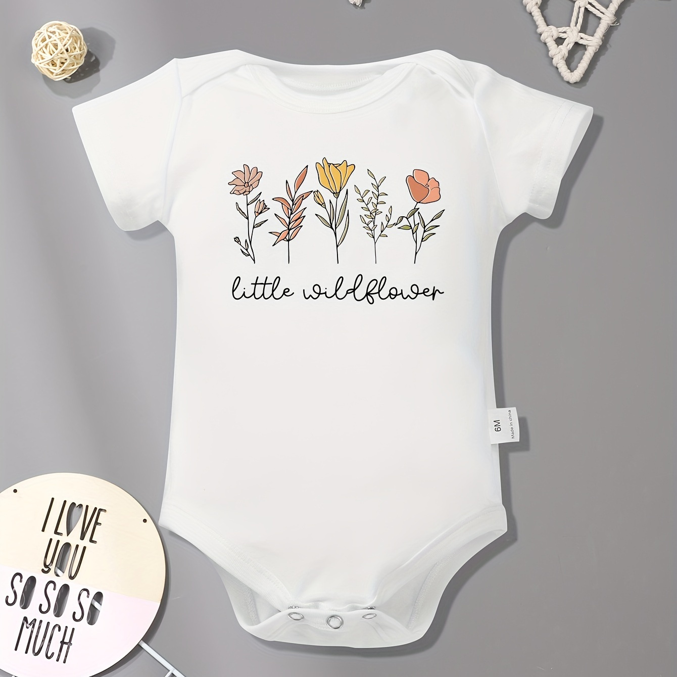 

Baby Onesies "little Wild Flower" Letter Print And Flower Pattern Print Soft Casual Round Neck Romper