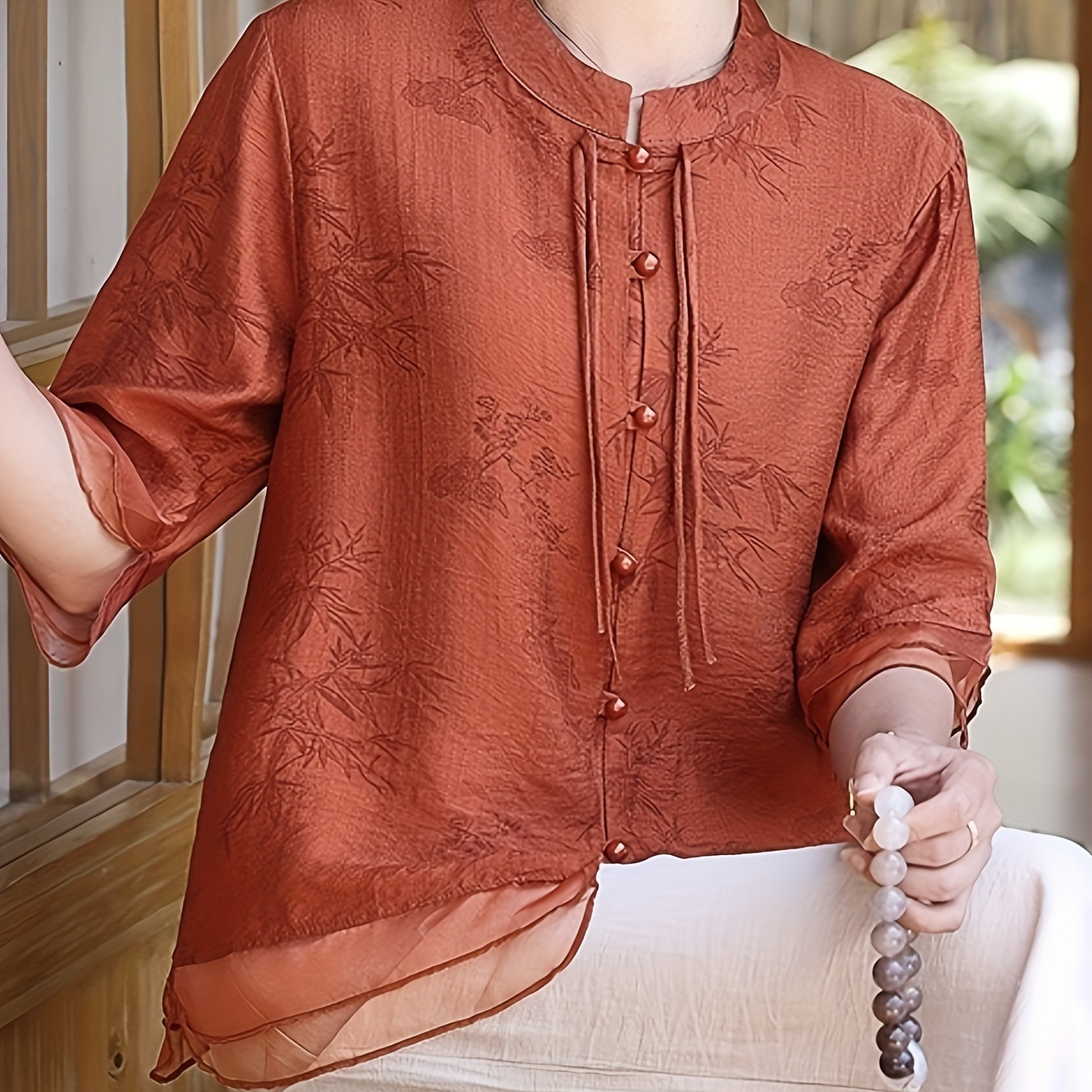 

Bamboo Jacquard Button Front Blouse, Chinese Vintage Half Sleeve Layered Top For , Women's Clothing