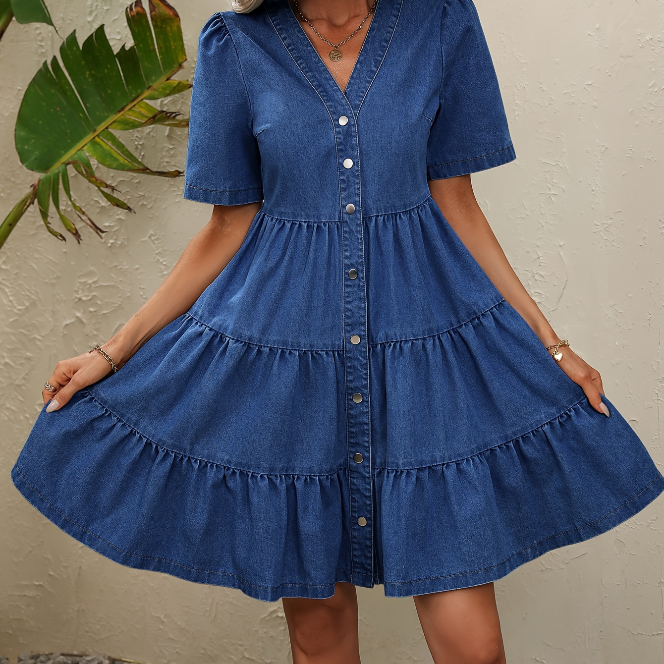 

Women's Elegant V-neck Short Sleeve Denim Tiered Ruffle Dress, Casual Summer A-line Midi Dress With Button Front - Versatile Fashion For Various Occasions