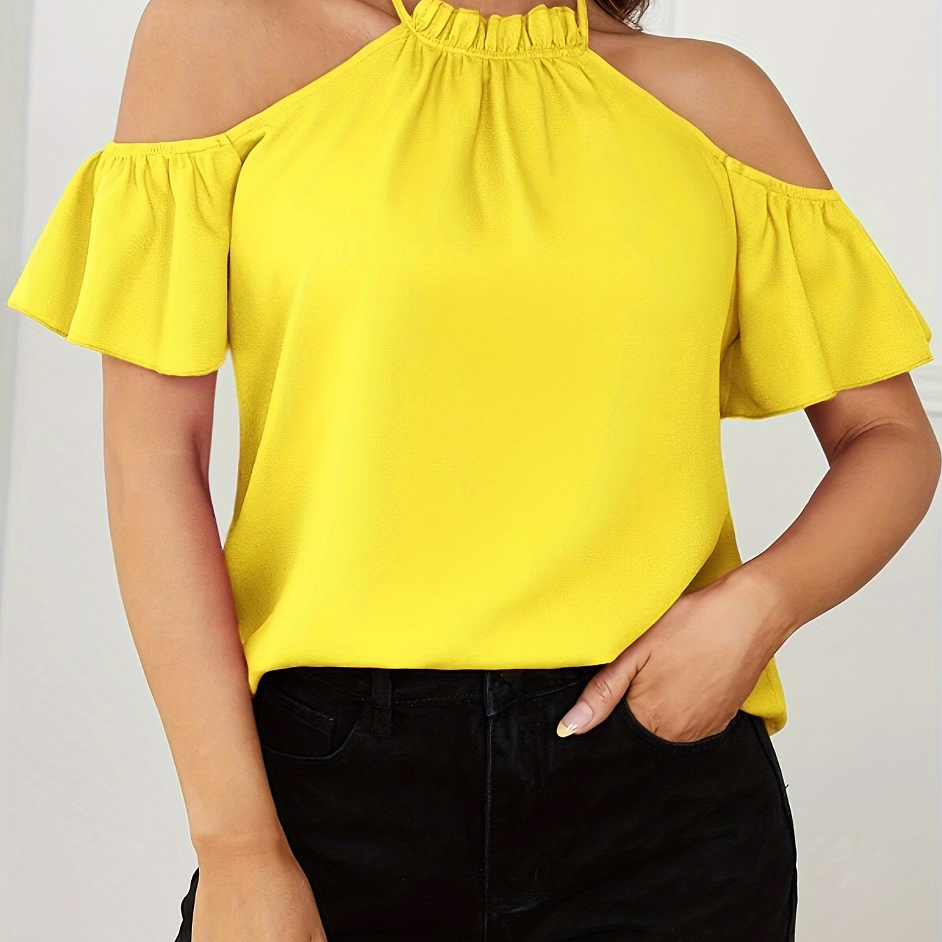 

Solid Color Crew Neck Blouse, Elegant Clod Shoulder Short Sleeve Ruched Trim Blouse For Spring & Summer, Women's Clothing