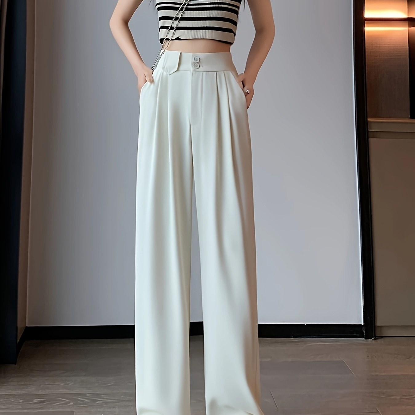 

Solid Color Wide Leg Suit Pants, Casual Loose Pants For Work & Office, Women's Clothing