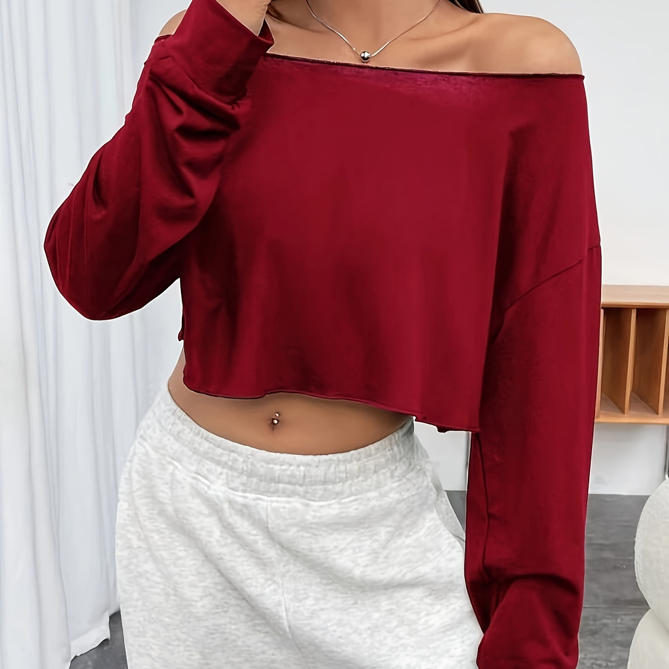 

Solid Color Off Shoulder Crop T-shirt, Versatile Long Sleeve T-shirt For Spring & Fall, Women's Clothing