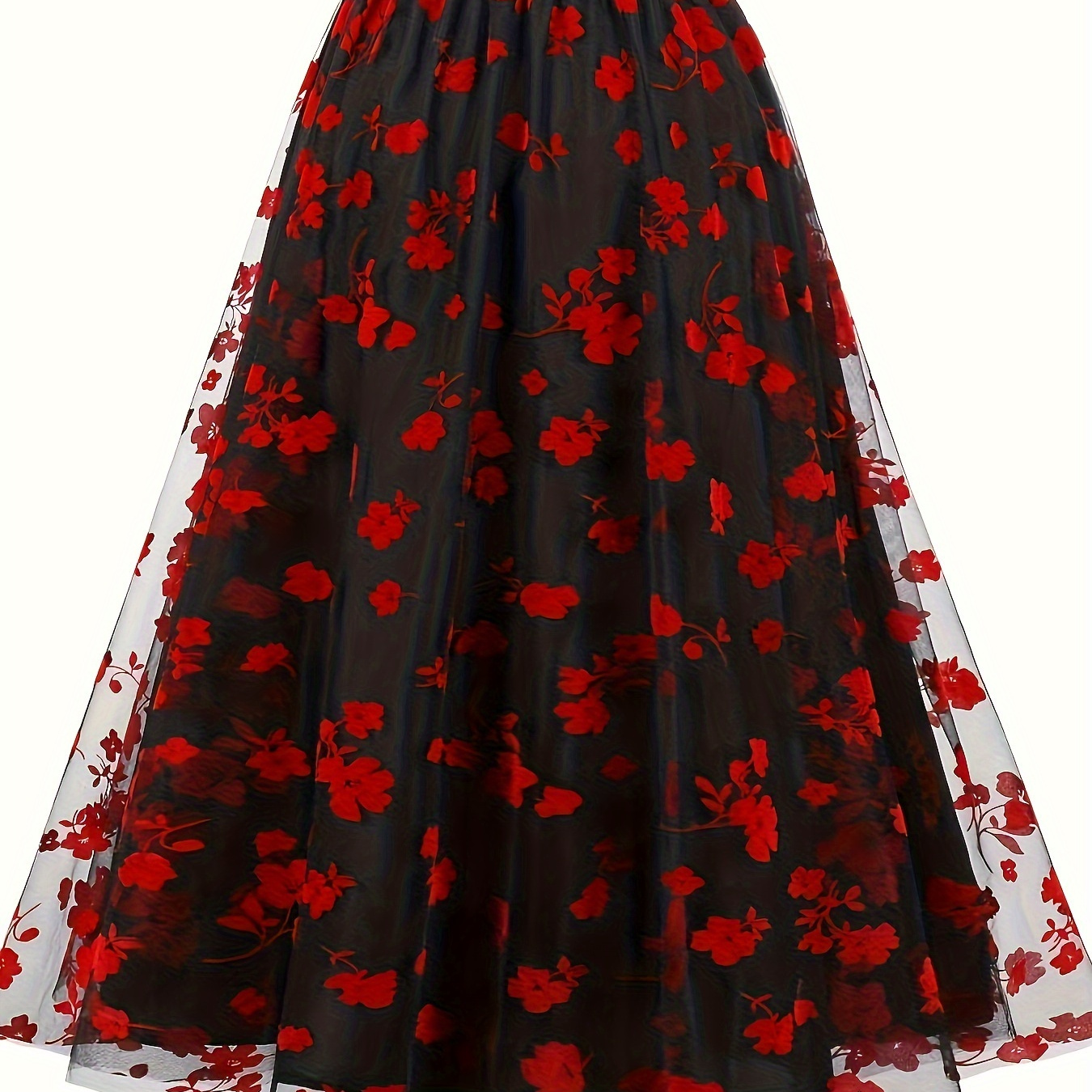 

[ ] Elegant High-waist Floral Embroidered Mesh A-line Skirt For Women - Black With Red , Loose Fit, Machine Washable, Wear, Fashion | Highwaist Design | Polyester Fabric, High Waisted Skirt