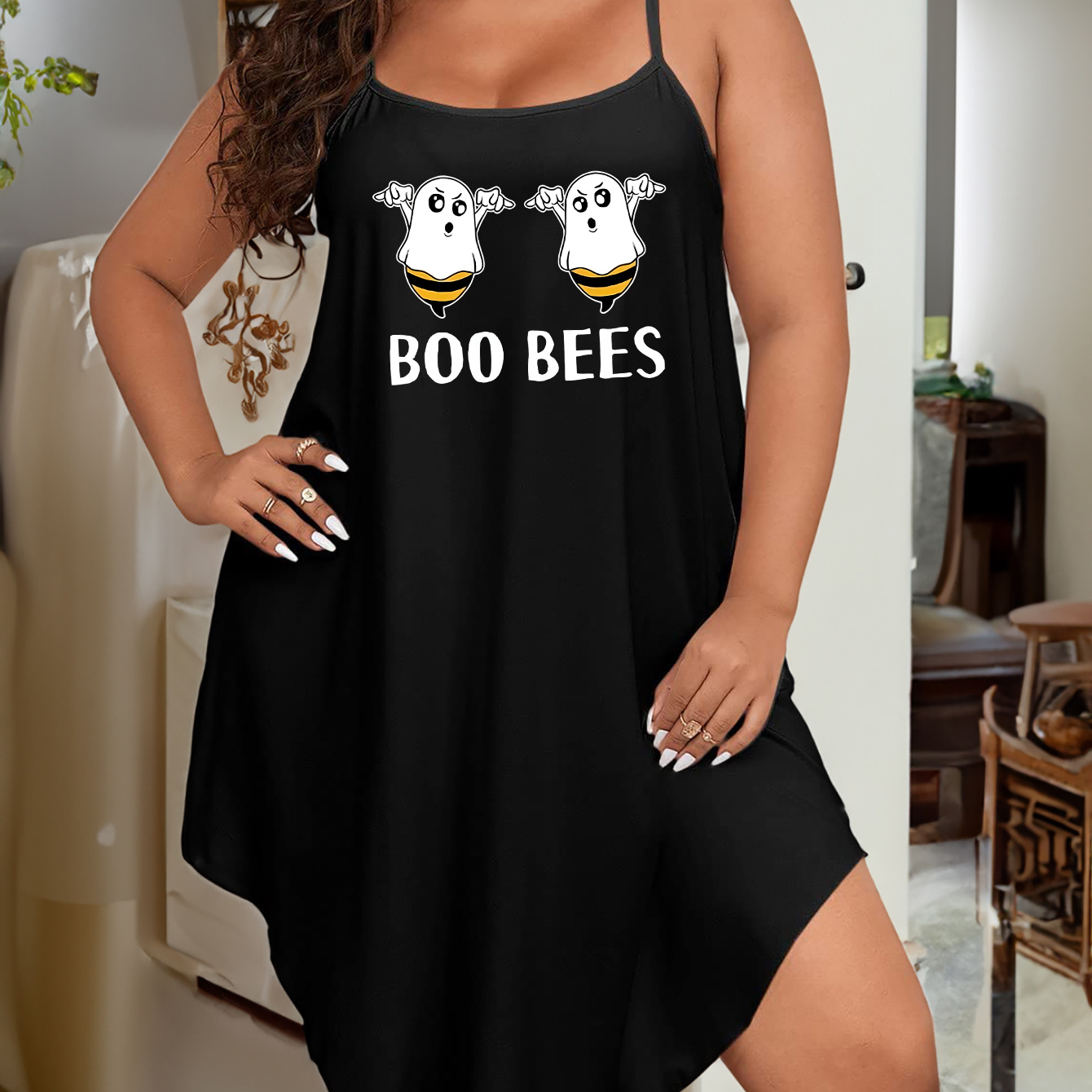 Plus Size Halloween Sexy Lounge Dress, Women's Plus Bee Ghost