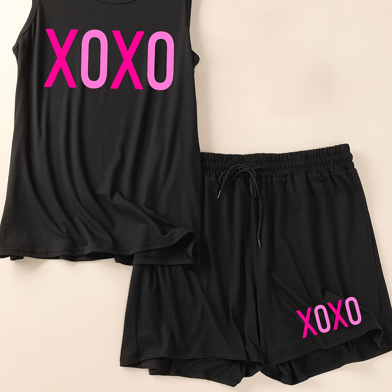 

Women's Set, Plus Size Letter Print Round Neck Tank Top & Shorts Pajamas 2 Piece Set