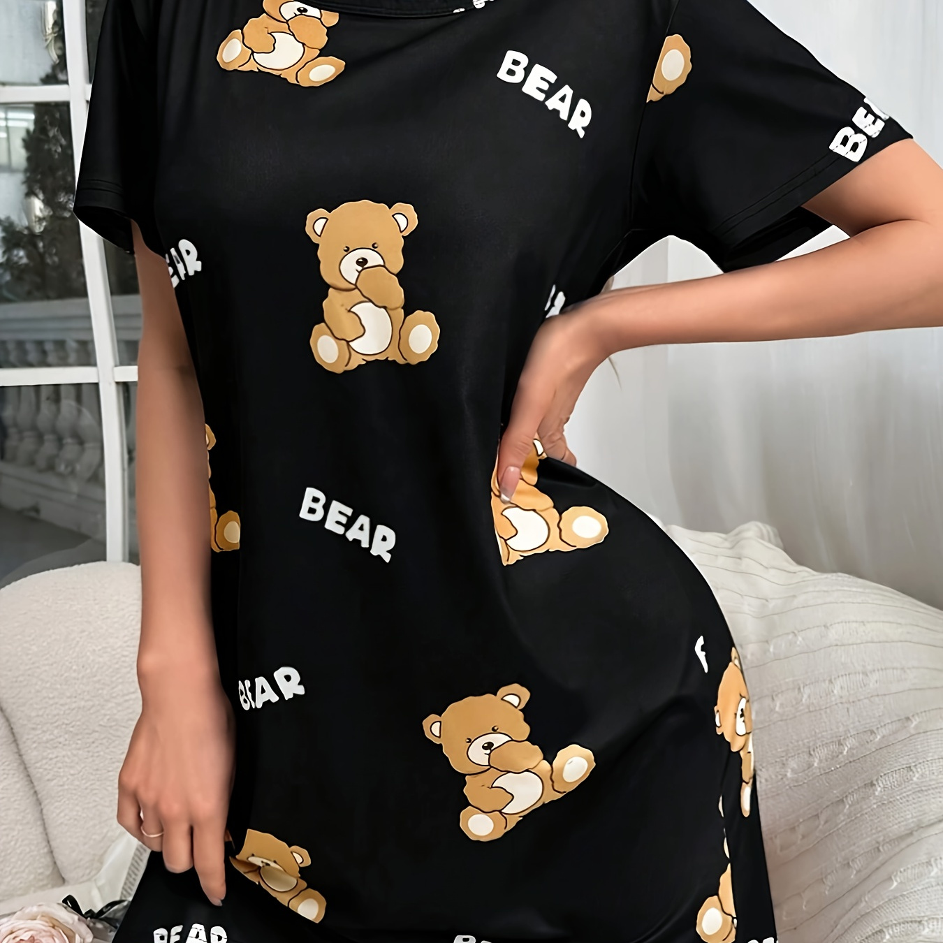 

Women's Cute Bear & Letter Print T-shirt Nightgown - Casual Round Neck, Soft Polyester Blend, Machine Washable