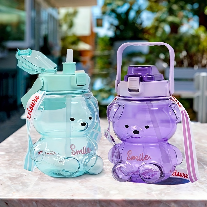 Bear Water Bottle With Lid Straw And Lanyard Gradient Color - Temu