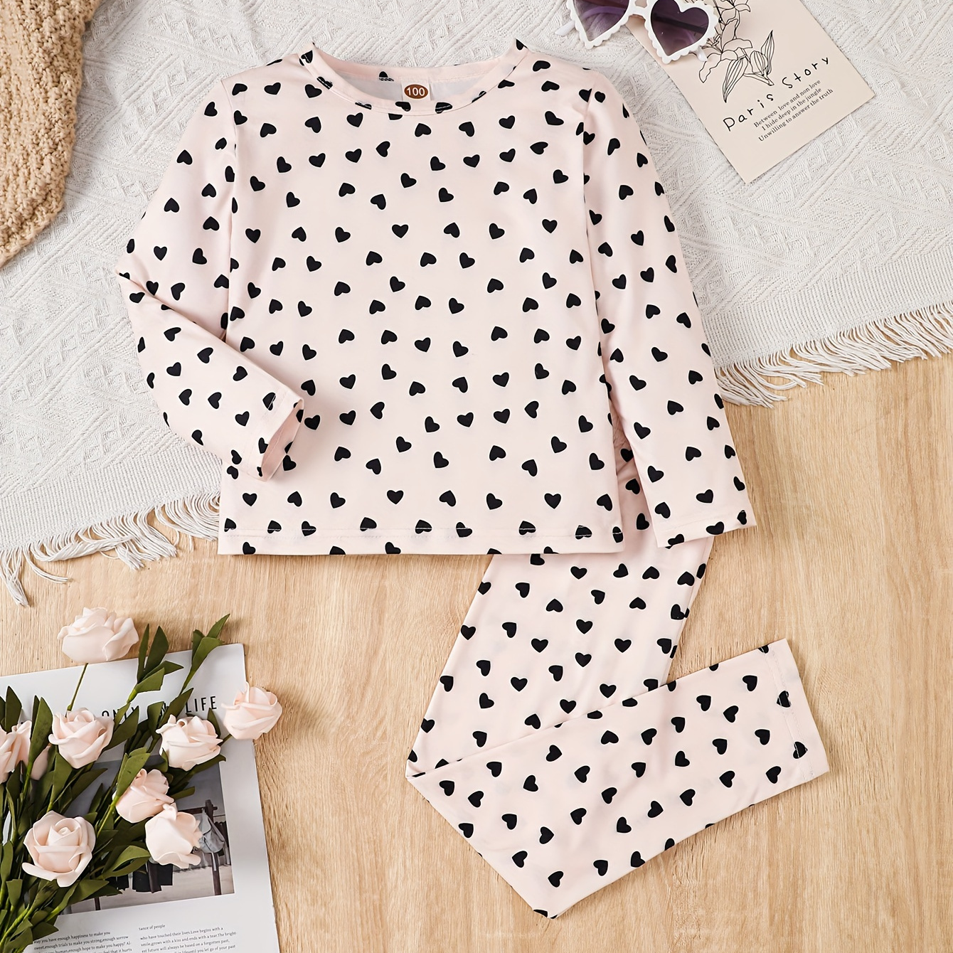 

Ditsy Hearts Pattern 2pcs/set Girls Long Sleeve Top + Pants Co-ords Set - Cute Fashion Girl's Spring/ Fall Outfit