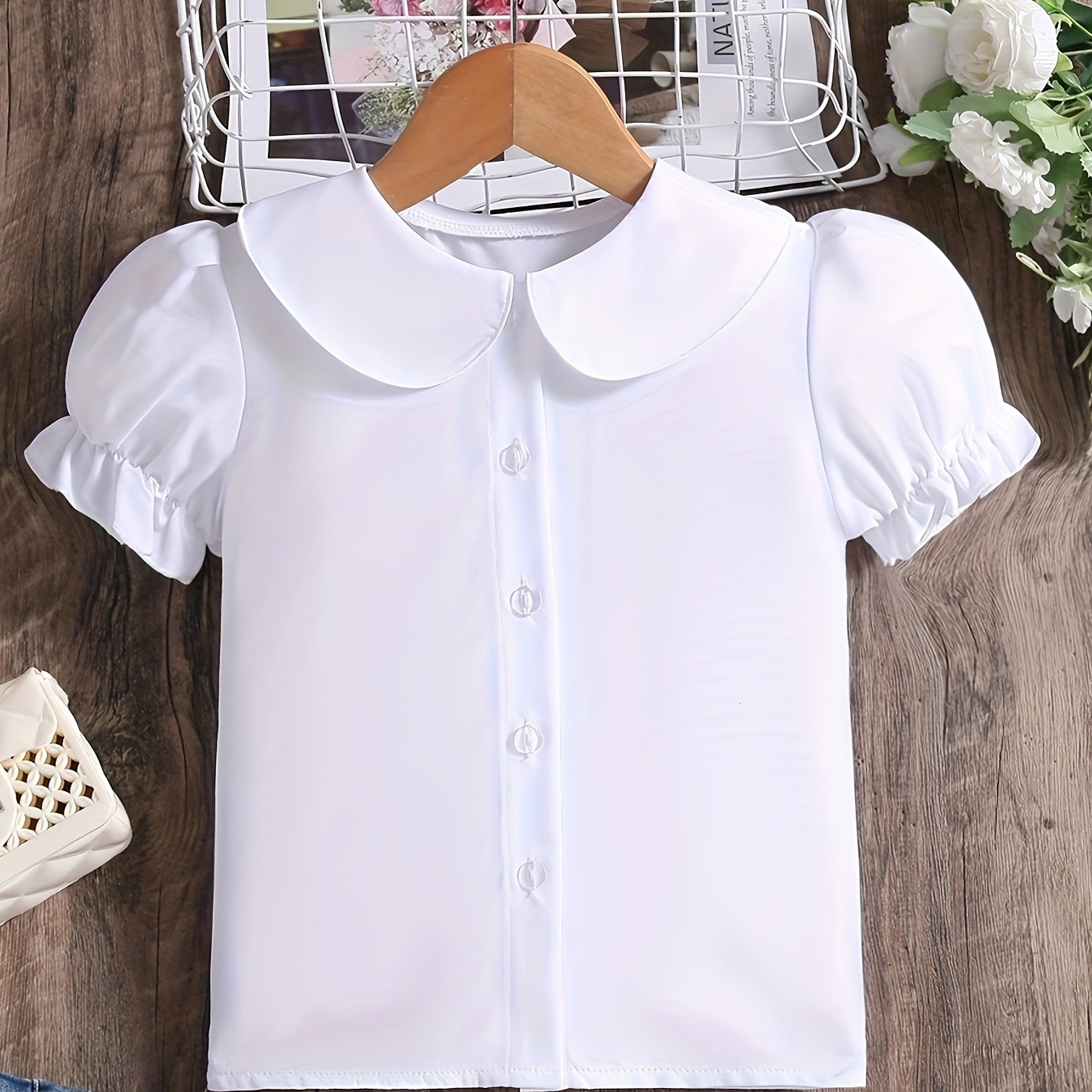 

Solid Puff Short Sleeve Collar Shirt Girls Preppy Style Gift