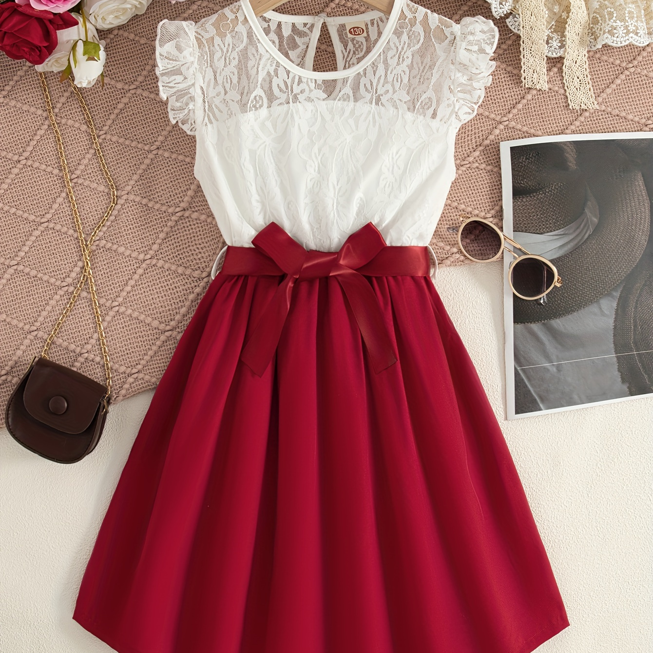

Elegant Girls Splicing Bow Belted Lace Decor Sleeveless Dress Summer Party Gift Beach Vacation