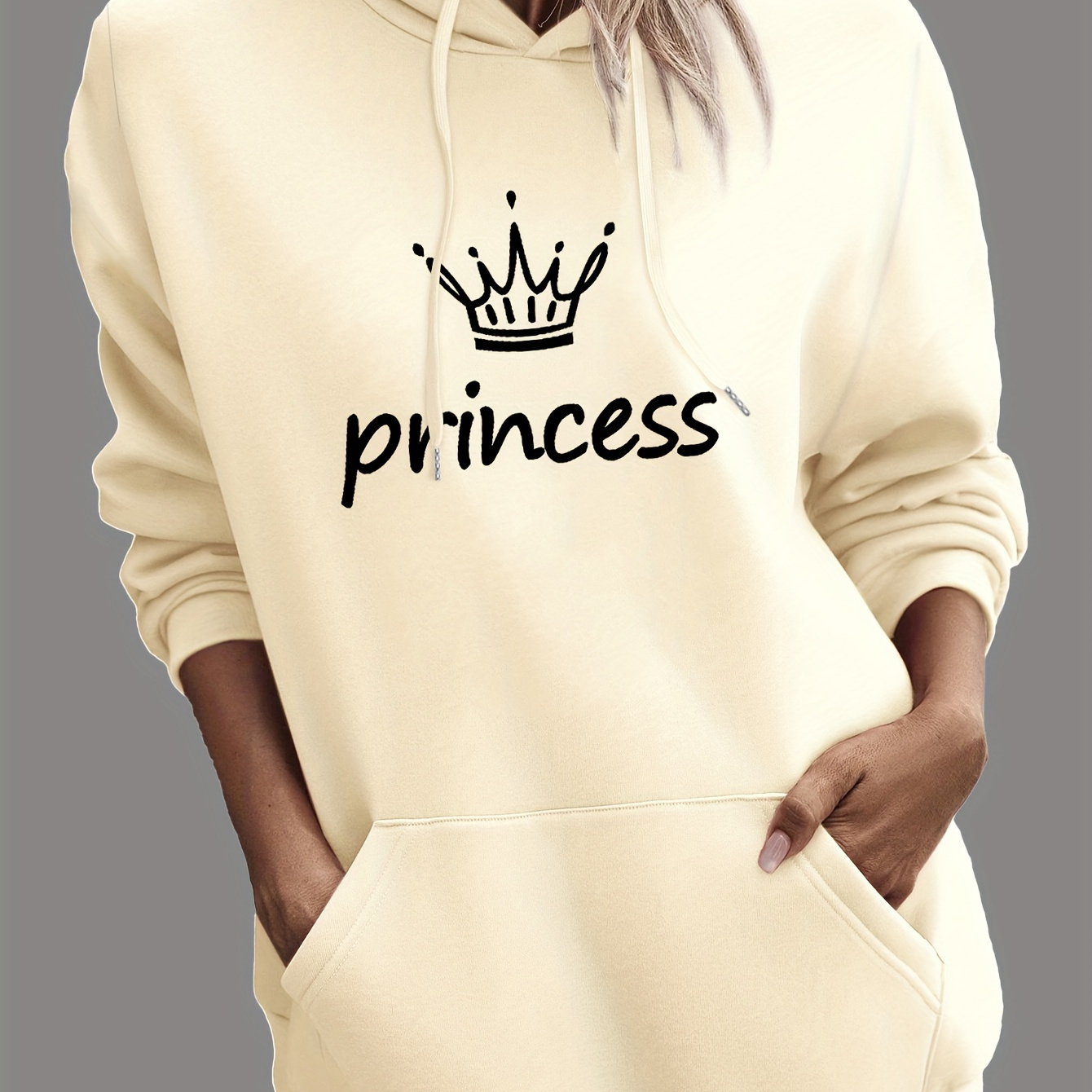 

Princess Print Kangaroo Pocket Hoodie, Casual Long Sleeve Drawstring Hoodies Sweatshirt, Women's Clothing