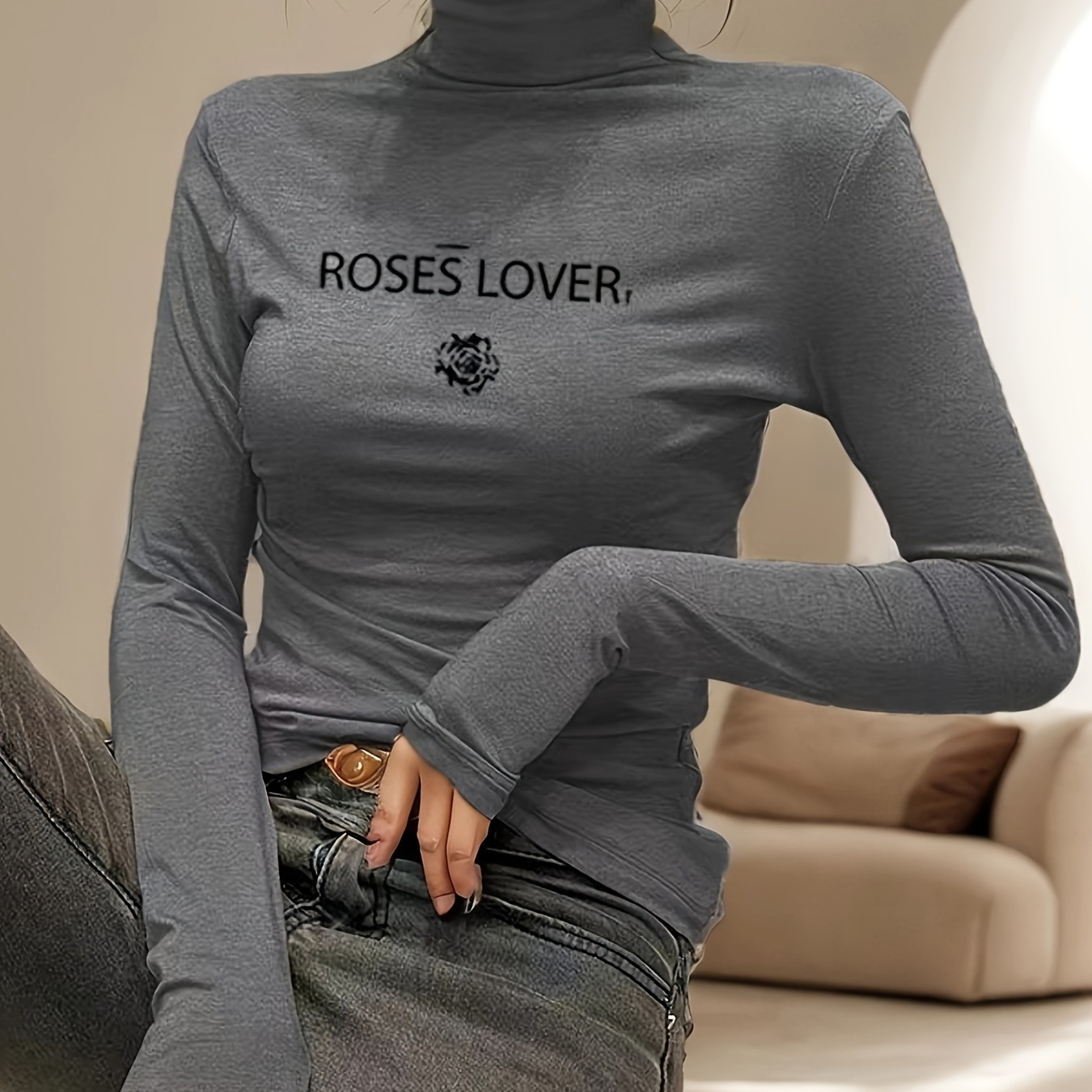 

Lettre Imprimée Col Roulé T-Shirt, T-Shirt Manches Longues Décontracté Pour Et L'hiver, Vêtements Pour Femmes