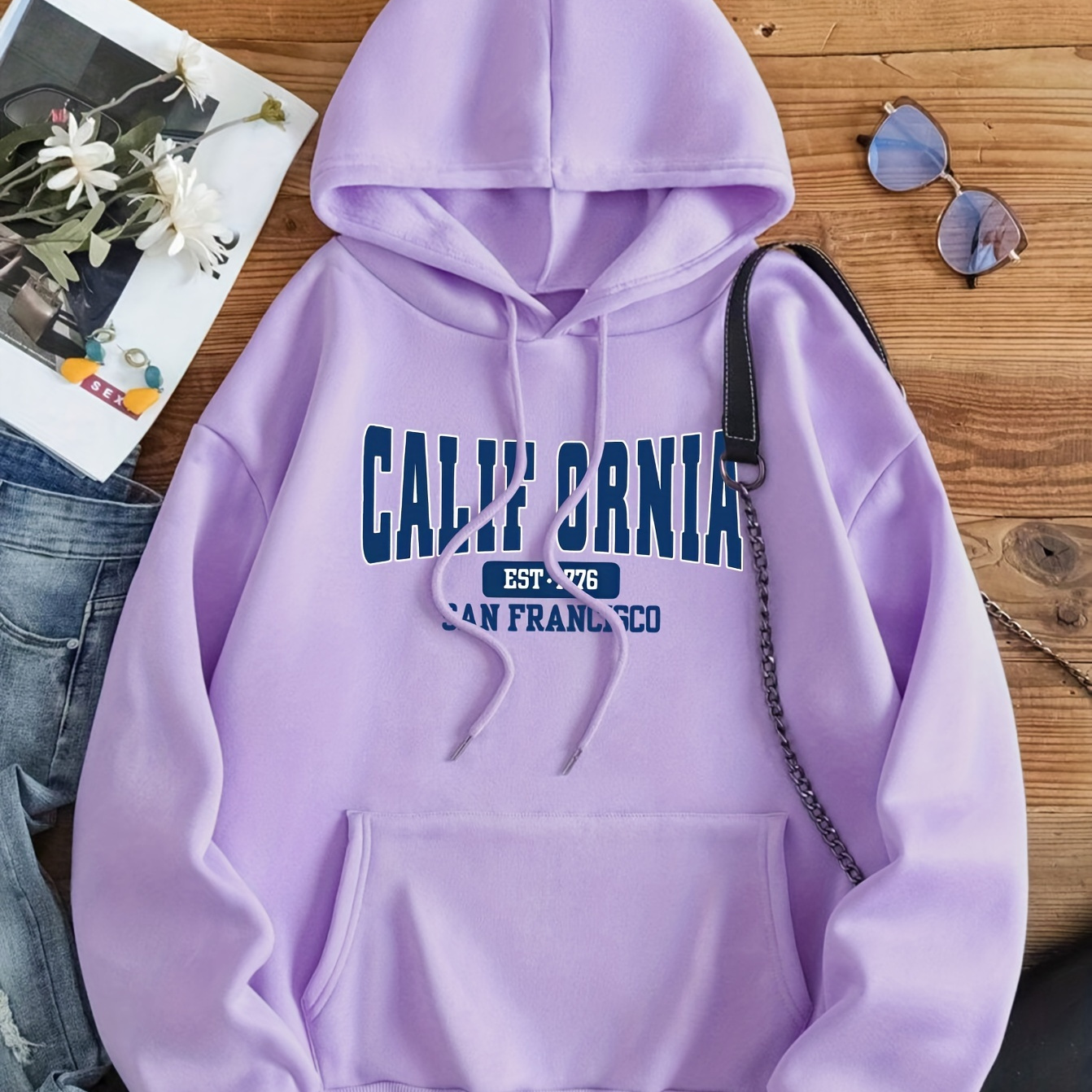 

Plus Size Casual Alphabet Print Hooded Sweatshirt For Women - 100% Polyester Knit Fabric With Pocket, Slight Stretch, Fall/winter Hoodie Pullover