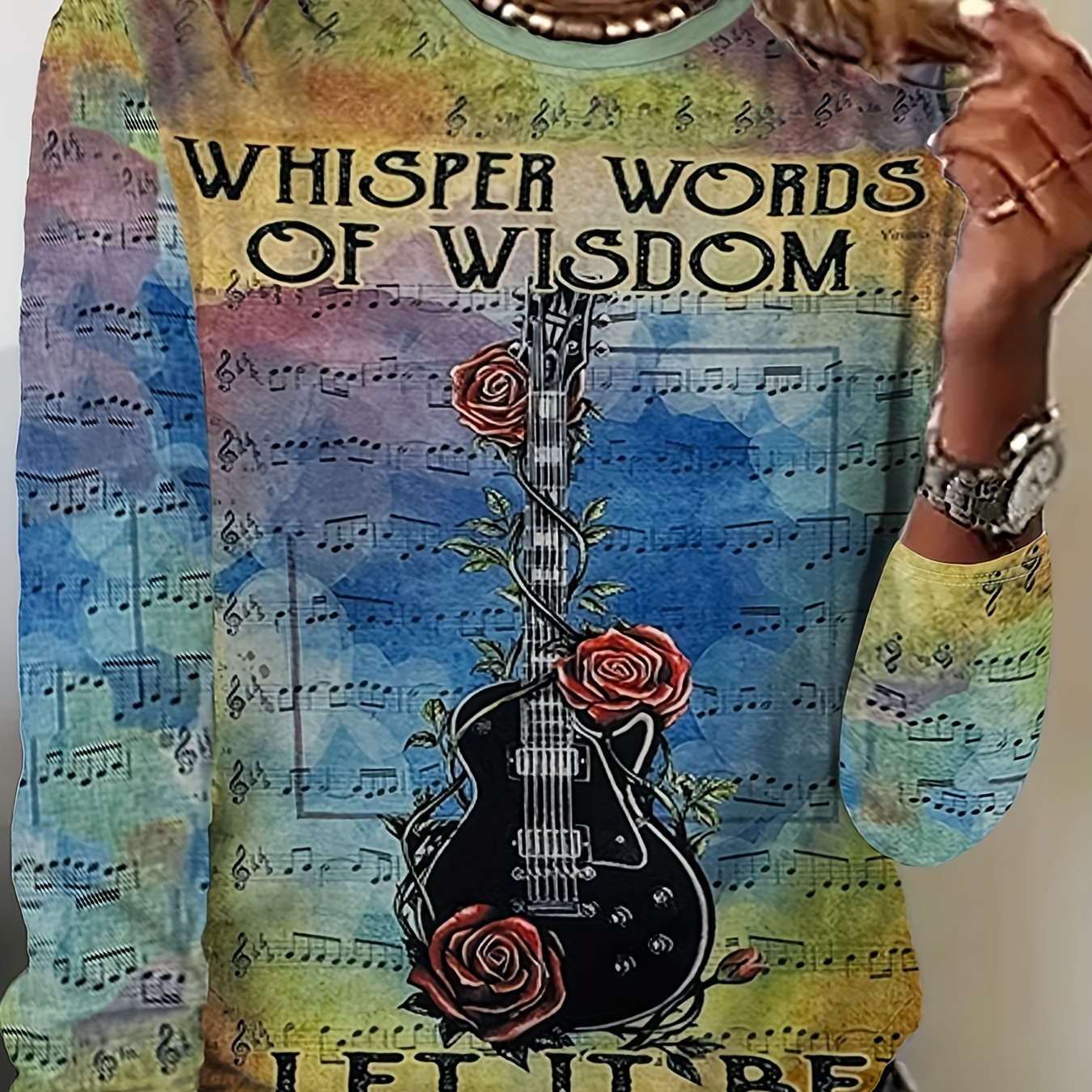 

Women's Long Sleeve Crew Neck T-shirt - Casual Polyester Knit With Guitar & Print, Floral Detail, Inspirational Quote ' '