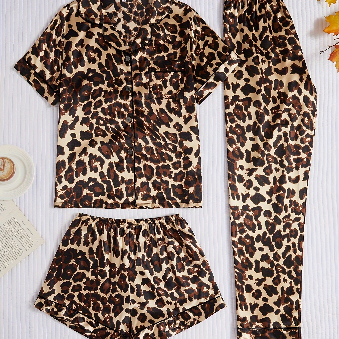 

Three-piece Pajama Set With Cardigan, Leopard Print, Turned Collar, Satin, Short Sleeves, Shorts And Long Pants