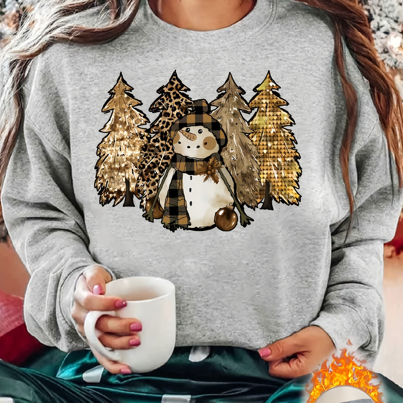 

Women's Christmas Themed Polyester Sweatshirt With Applique Snowman And Trees, Casual Crew Neck Pullover For Fall/winter - 100% Polyester Knit Fabric