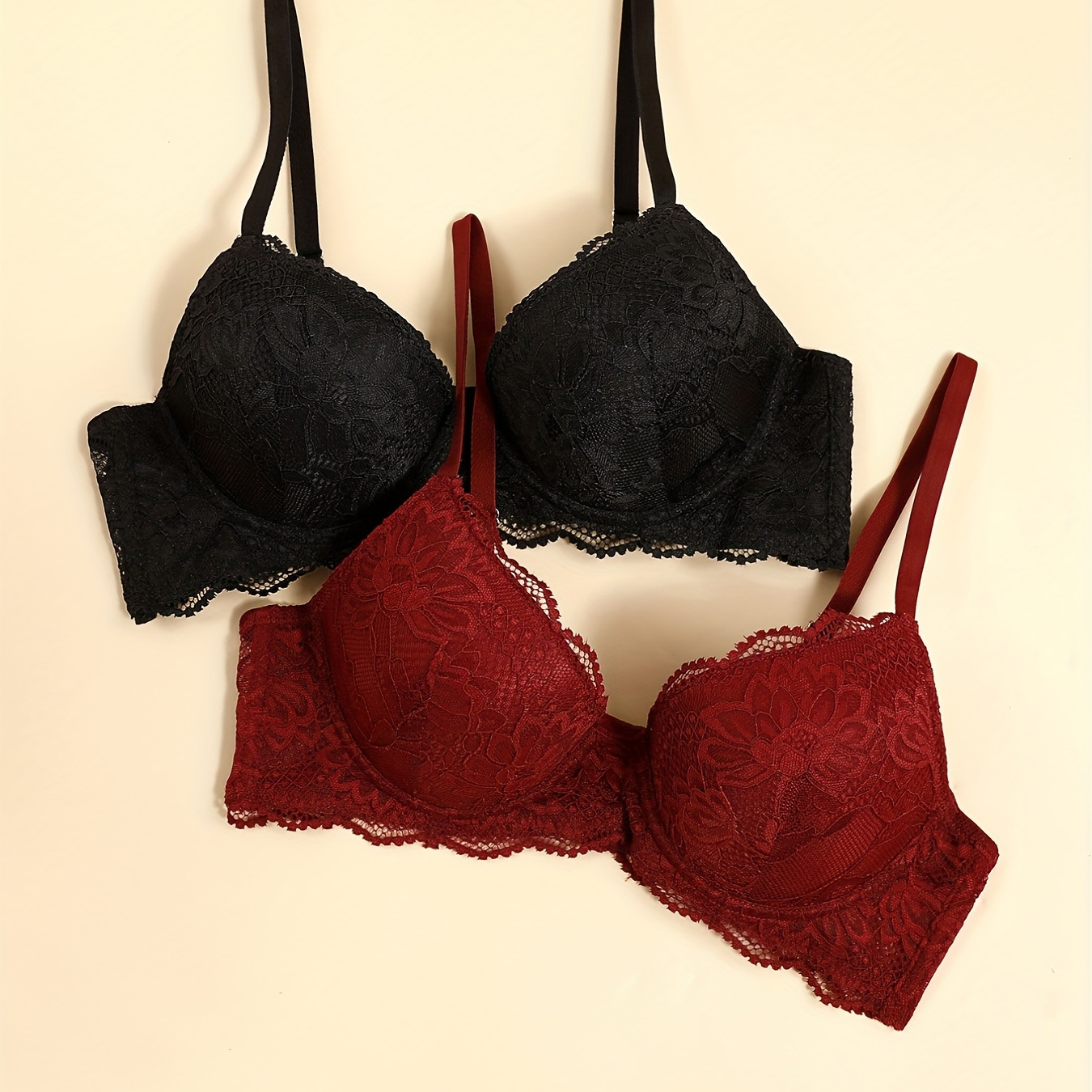 Contrast Lace Bra Panties Scallop Trim Push Bra Thong - Temu Canada