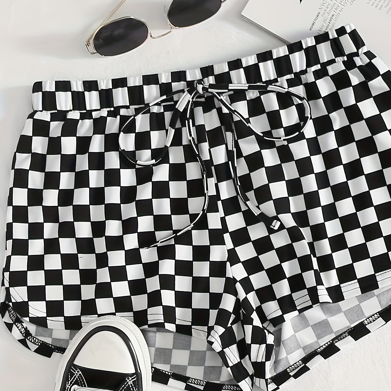 

Plaid Print Tied Elastic Waist Shorts, Casual Loose Shorts For Spring & Summer, Women's Clothing