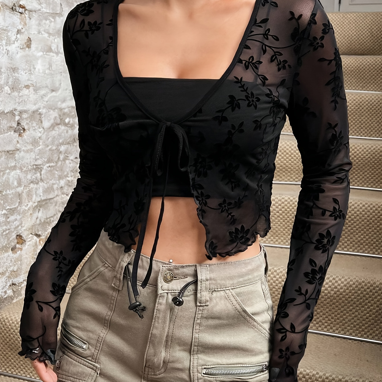 

Floral Embroidered Sheer Tie Front T-shirt, Elegant Long Sleeve T-shirt For Spring & Summer, Women's Clothing