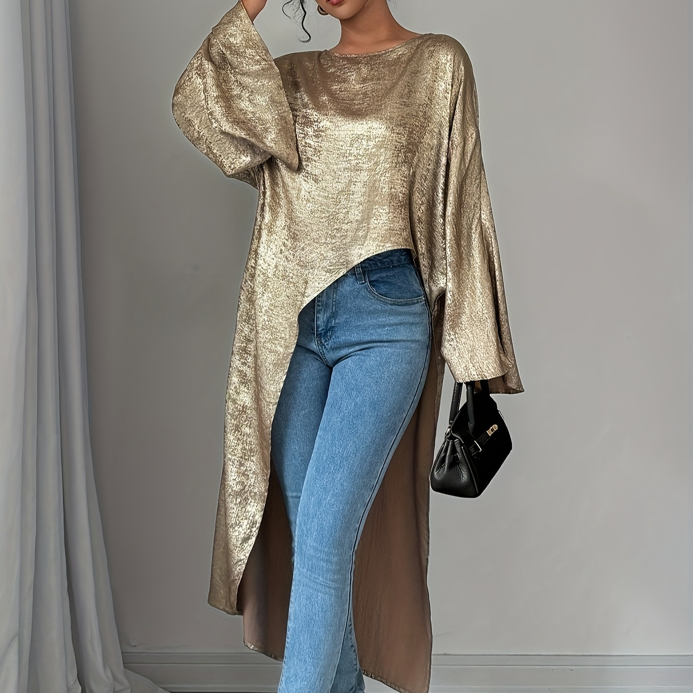 

Elegant Asymmetrical Long Sleeve Top With Side Slit - Polyester, Machine Washable - Spring & Fall