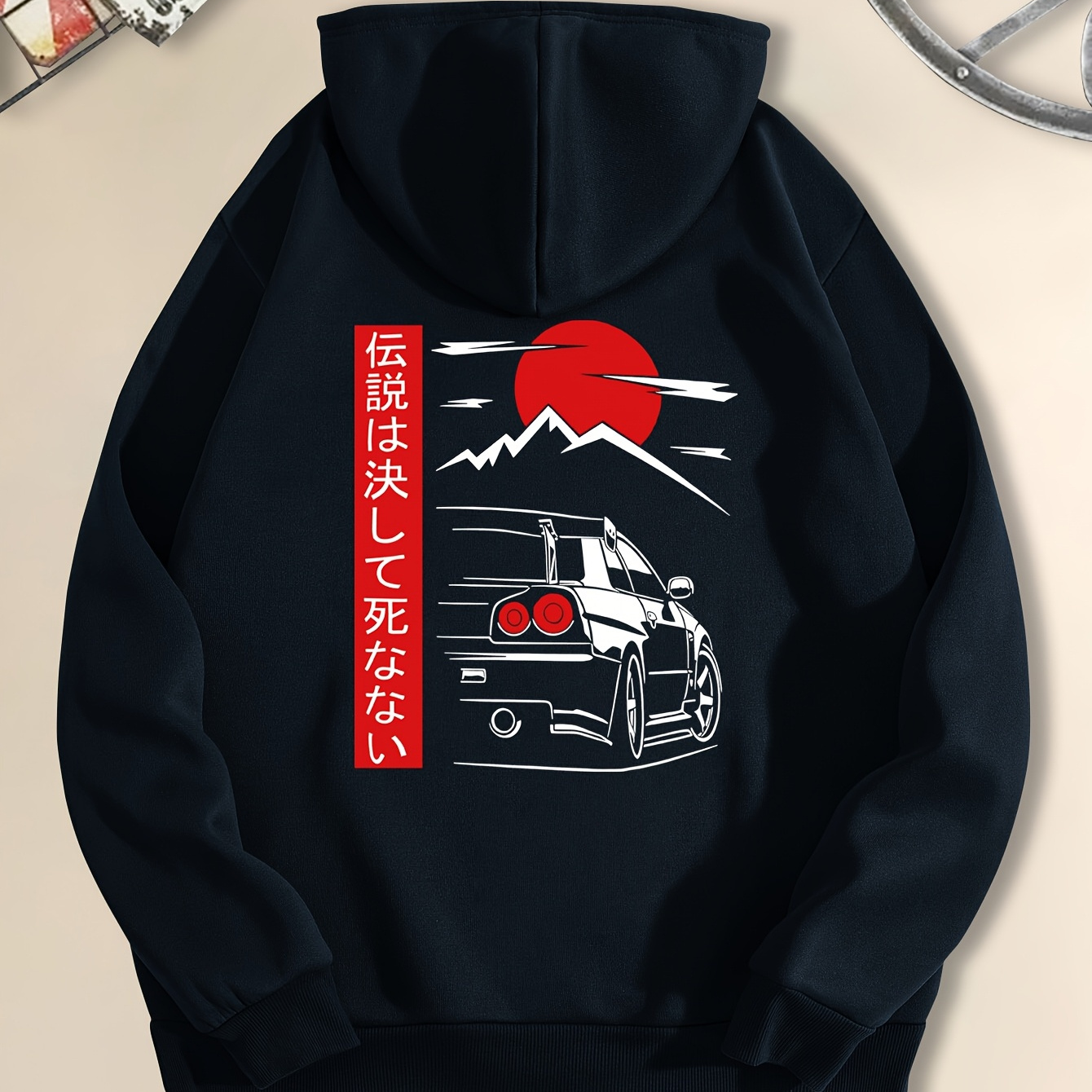 

Men's Casual Hoodie With Iconic Japanese Sports Car Sunset Print – Cozy Long Sleeve Sweatshirt For Fall And Winter, Black Graphic Hooded Pullover, Polyester Blend, Machine Washable, Sweater Hoodie