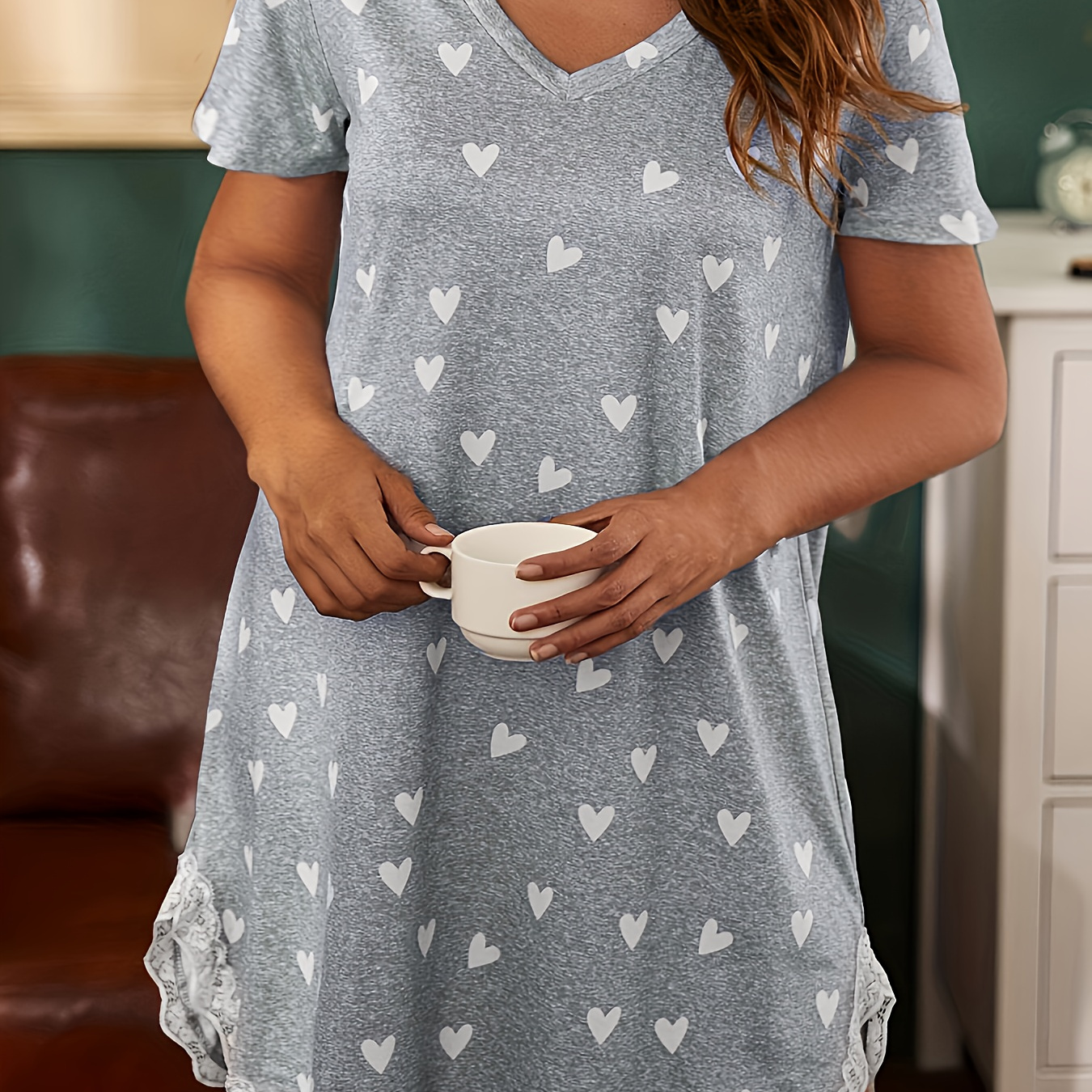 

Women's Plus Dress, Plus Size Heart Print Short Sleeve V Neck Lace Trim Nightdress